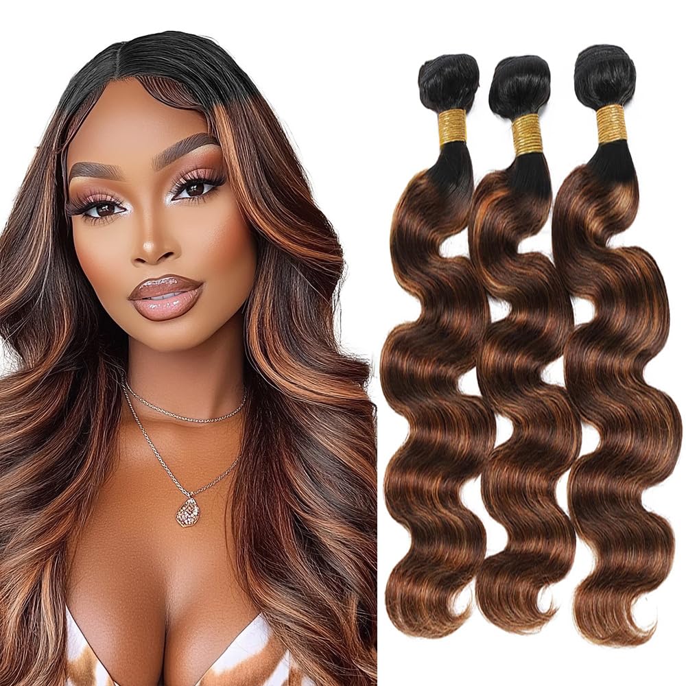 Photo 1 of Niciitysi T1BP4/30 Human Hair Highlight Body Wave Bundles 22 24 26 inch Double Weft Brazilian Hair Extensions Ombre Three Tone Color 4 Mixed With Color 30 Bundles for Women