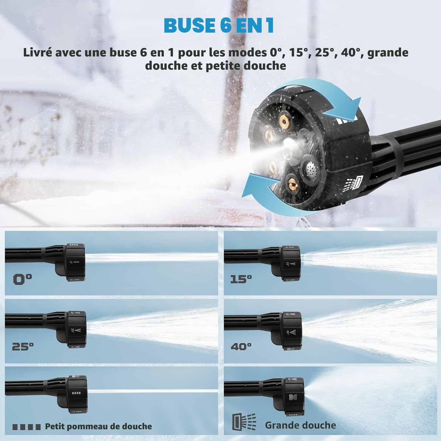 Nettoyeur à Pression sans Fil 6 en 1 Buse avec 2 * 3.0Ah Batterie 21V | Nettoyeur Haute Pression Portable 120 Bar 3.4GPM 3 Vitesses Buse 5m Tuyau Chargeur pour Voiture Jardin Arrosage