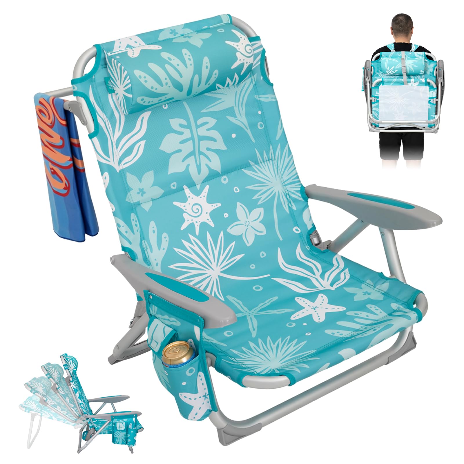 Beach Chair for Adults, Reclining Adjustable Position, Lay Flat Lightweight Folding Portable Aluminum Chair with Backpack Straps,Padded headrest, Heavy Duty 400 lbs Lawn Chair for Beach, Sand