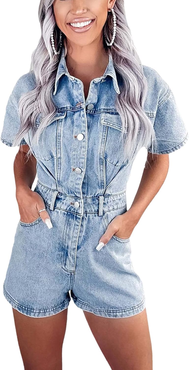 cffvdiz Women's Distressed Button Front Denim Rompers Short Sleeve Flap Pocket Vintage Slim Fit Blue Jean Jumpsuit Shorts - Image 2