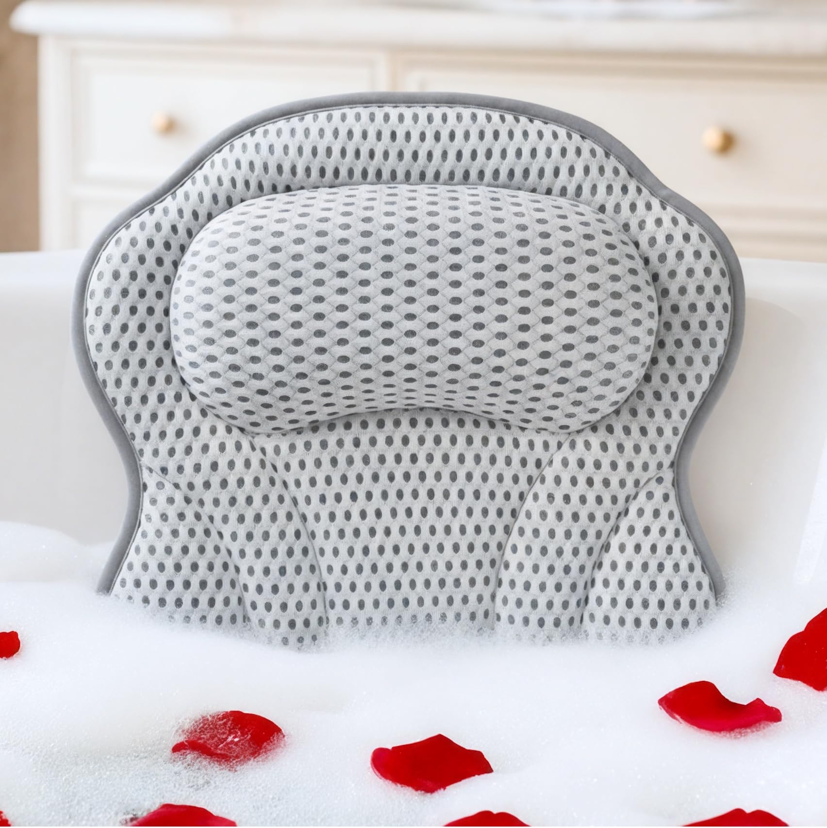 Bath Pillow LAVISMA Ergonomic Bathtub Cushion with 4D Breathable Mesh, Head, Neck, Shoulder & Back Support, 6 Strong Suction Cups, Quick Dry Spa Pillow for Bathtub Jacuzzi Hot Tub - Light Grey