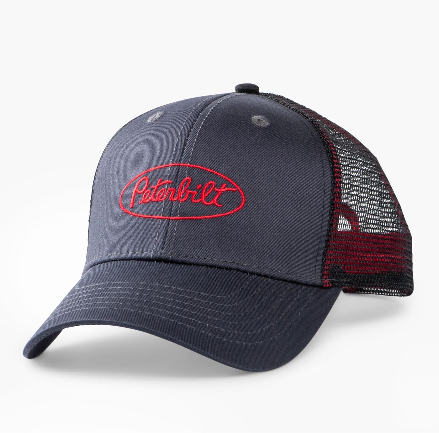 PETERBILT Charcoal Grey Twill Mesh Trucker Cap, Adjustable Snapback Hat with Red Embroidered Logo