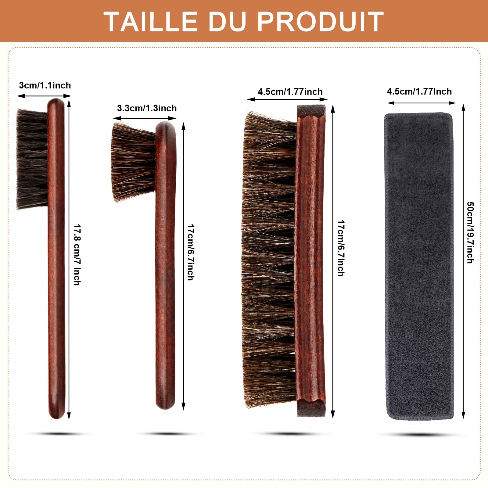 Kit 4 Pièces Brosse à Chaussures 100% CRIN de Cheval Set Entretien Cuir Bois de Hêtre Nettoyage Daim Sneakers Bottes Brosse à Luire Applicateur Chiffon Polissage Doux Naturel Cadeau Homme Coffret