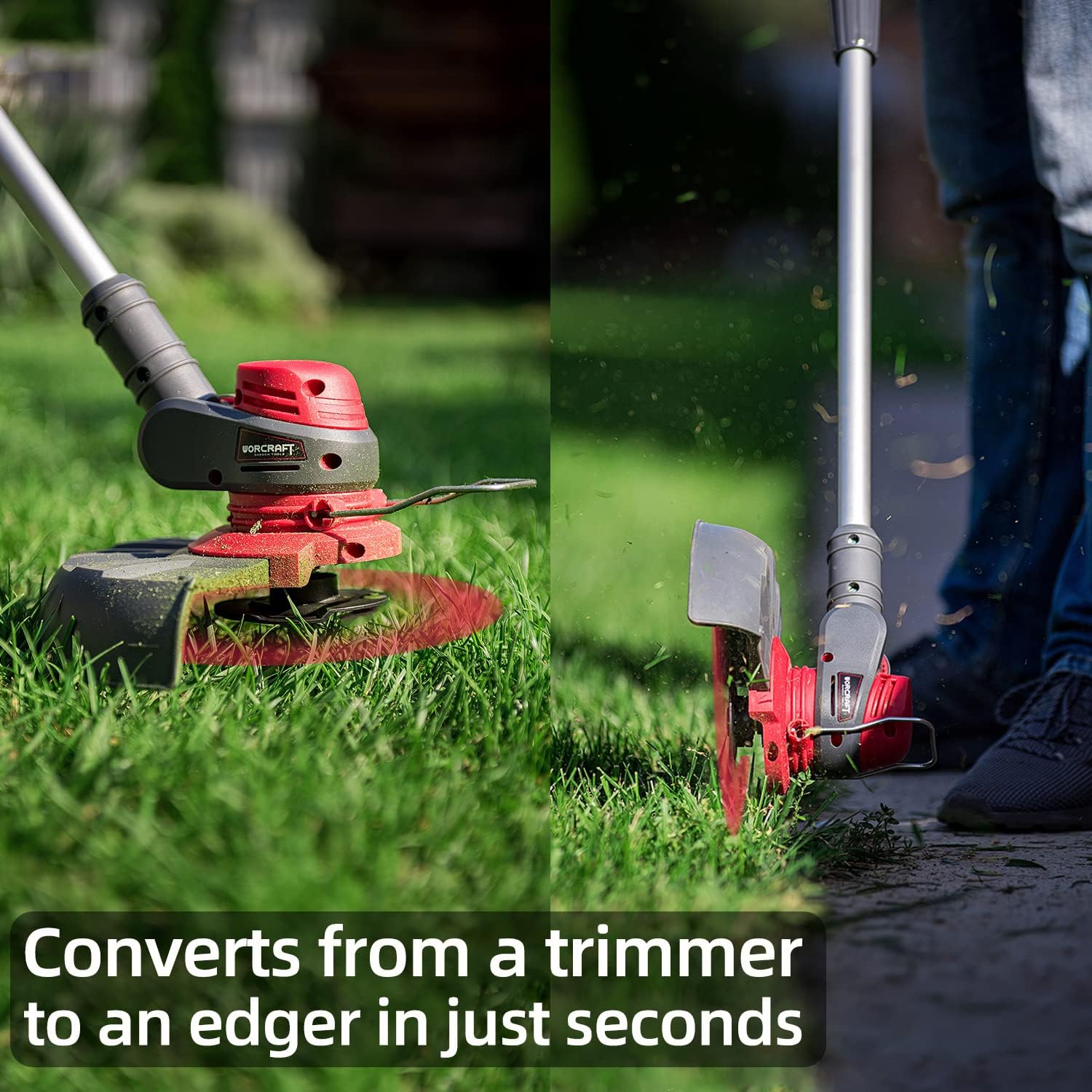 WORCRAFT 20V Cordless String Trimmer/Edger 2-in-1, Ø12 Inch, Lightweight, Extendable Length, Blade Cutting & Spool Cutting (Charger & Batteries Included)