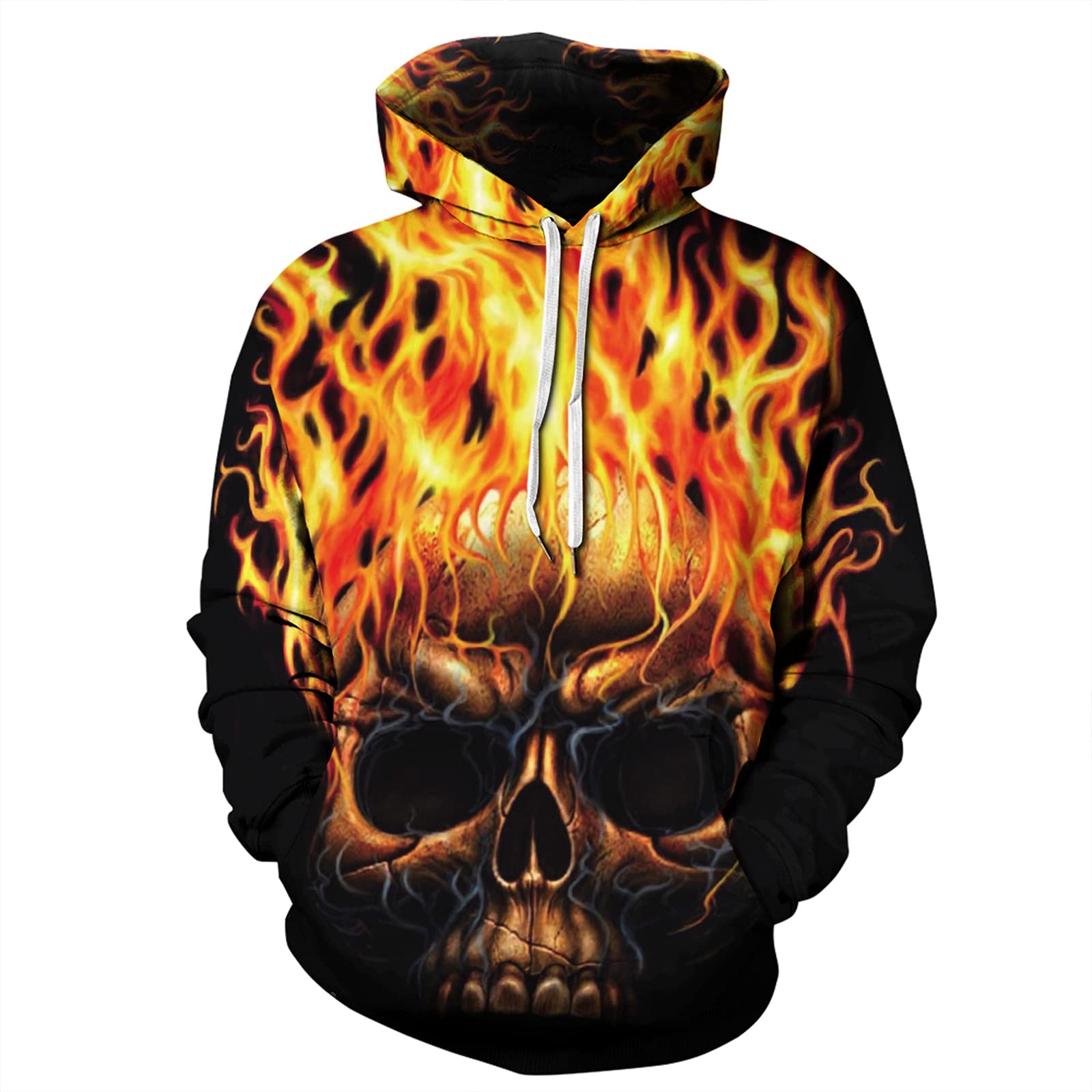 Keepmore Women's # 1 Unisex Long Sleeve Sweatshirts 3D Flame Skull Print Hoodie Fashion Hit Color Pullover Lightweight Drawstring Sportswear