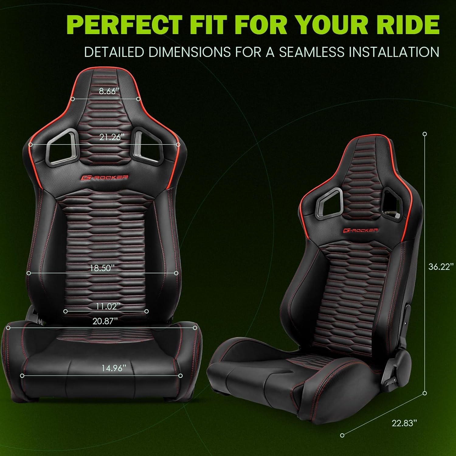 Universal Pairs of Racing Seat with Dual Sliders, PU Leather Front+Carbon Leather Back Reclinable Bucket Seat, Black+Hexmesh Stitch+Red Strip w/LOGO
