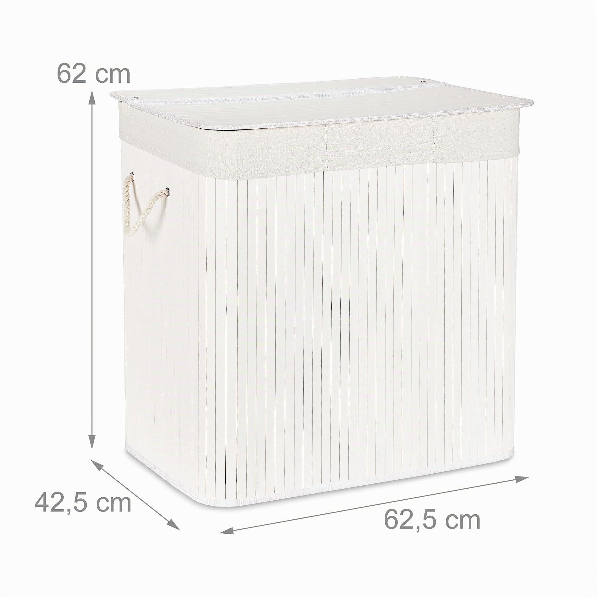 Relaxdays Cesto Ropa Sucia, 3 Compartimentos, con Tapa, Cesta Colada Rectangular, 62 x 62,5 x 42,5 cm, Bambú, Blanco