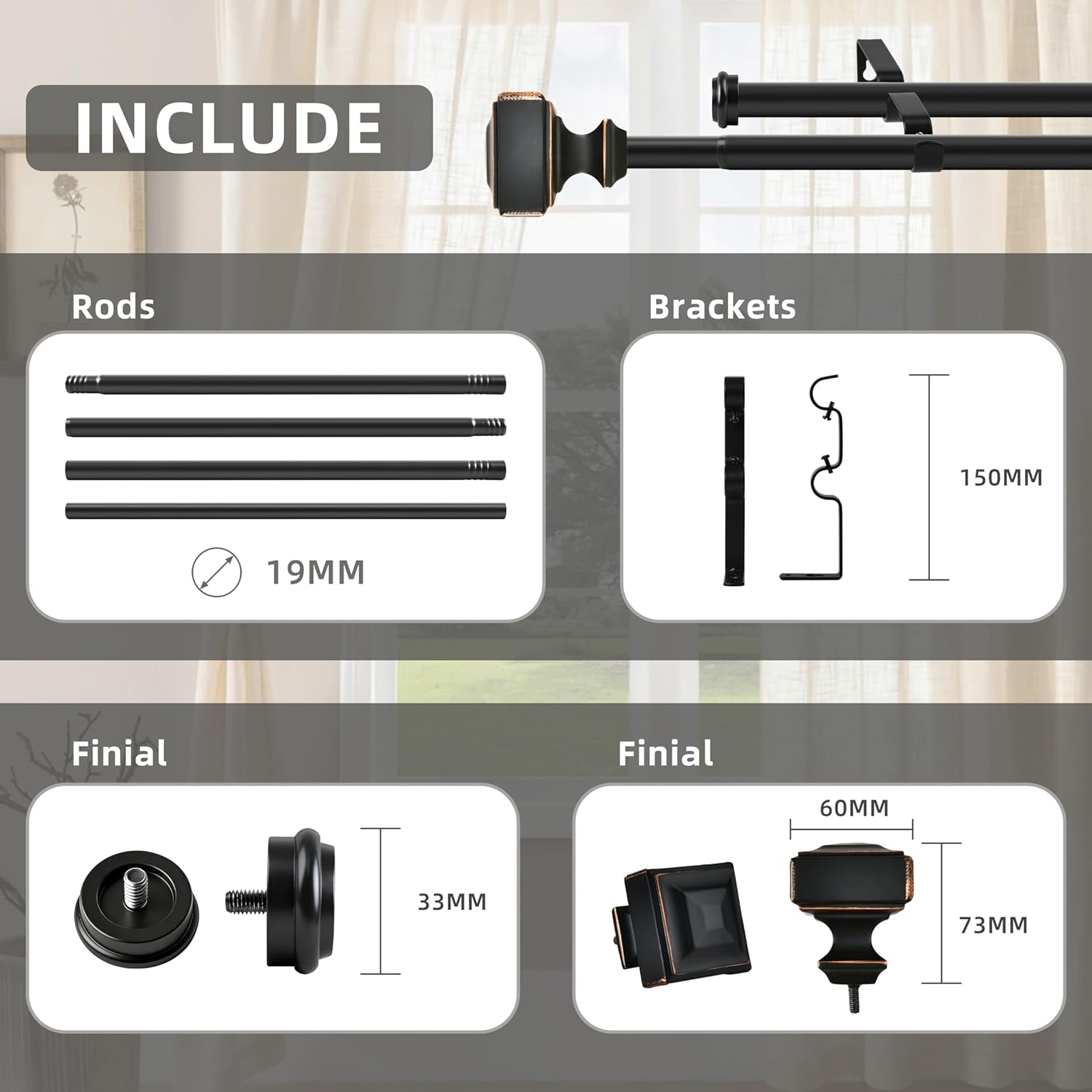 Double Curtain Rod with Square Finials，3/4-Inch Diameter,Adjusts Rod Length from 30 to 126 Inch,Black