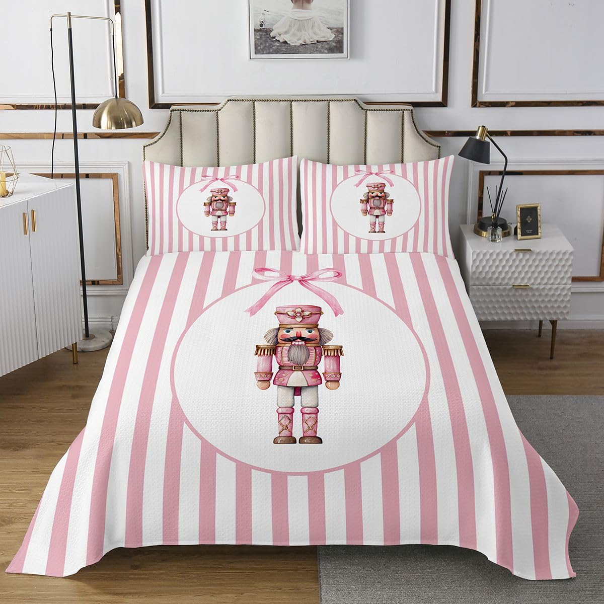 Kołdra z dziadkiem do orzechów z 2 miseczkami na poduszki, na Boże Narodzenie, Lovely Dreamy Bowknot Coverlet, rozmiar M, dla nastolatków, dorosłych, na zimę, Boże Narodzenie, paski