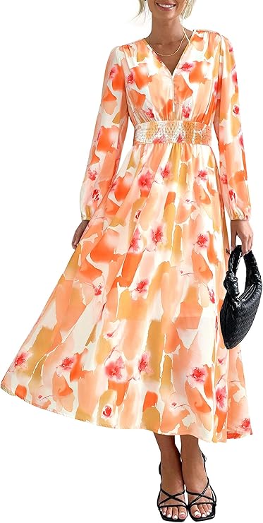 PRETTYGARDEN Women's Floral Midi Dress Casual Fall V Neck Long Sleeve Flowy Spring Beach Wedding Guest Vacation Dresses