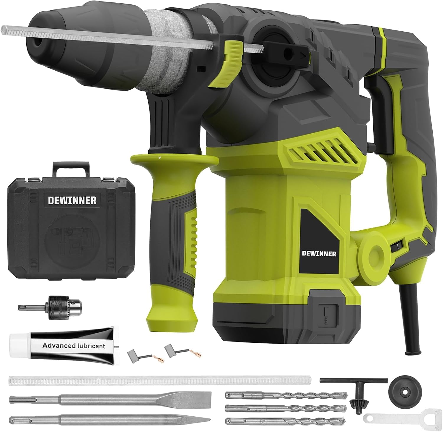 Rotary Hammer Drill,DEWINNER SDS Plus Vibration Control and Safety Clutch, 1500W Heavy Duty, Including 3 Drill Bits,Flat Chisels, Point Chisels, Drill Chuck, 360°Rotating Handle, with Carrying Case