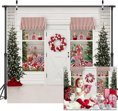 Lofaris Telón de fondo de Navidad para invierno, Feliz Navidad, dulce tienda de dulces, corona de Papá Noel, luces brillantes, fondo de árboles,