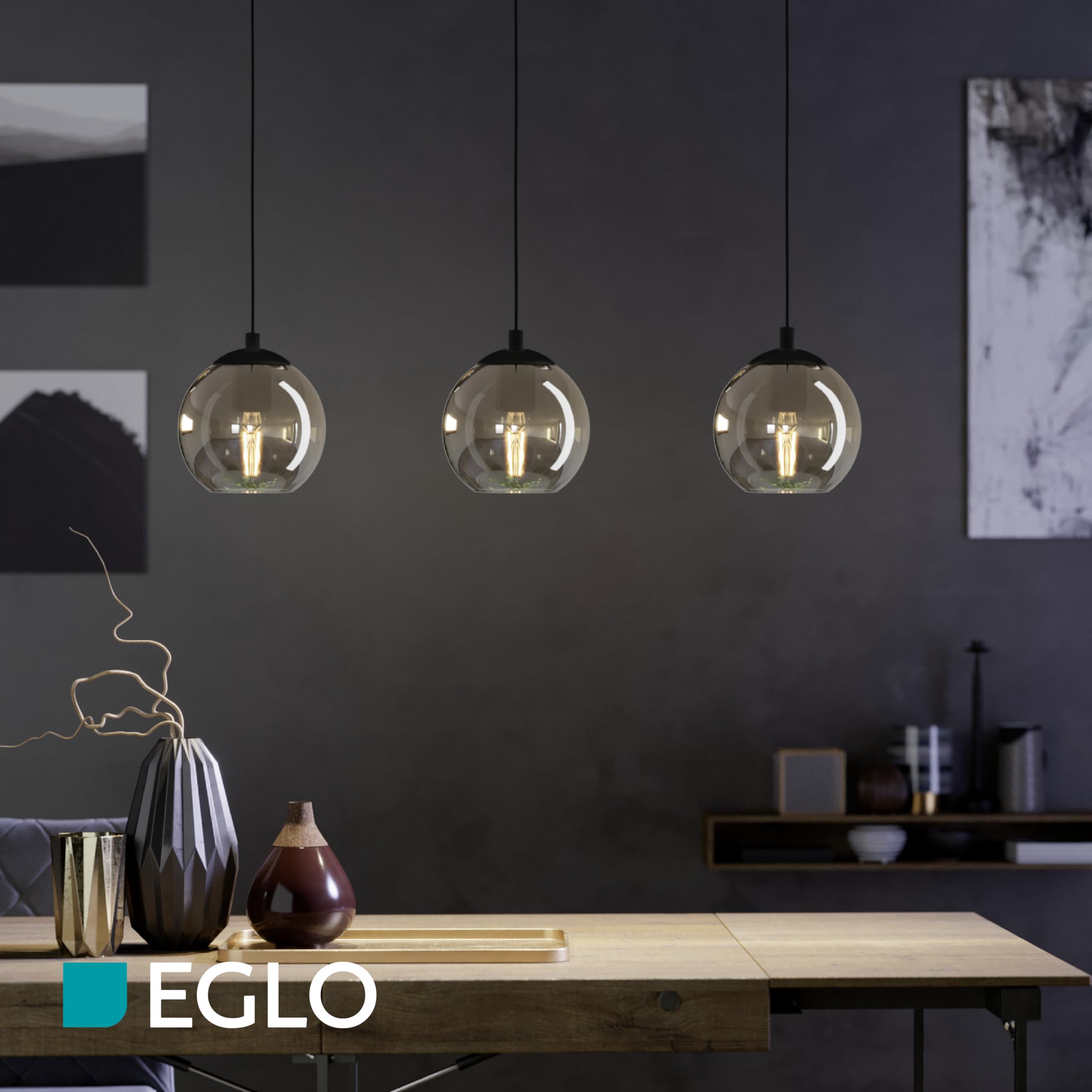 Eglo lampada a sospensione Ariscani, luce a grappolo con 3 luci da sala | da pranzo, metallo in nero e vetro fumo in nero-trasparente, illuminazione da tavolo a sospensione, attacco E27, 76,5 cm