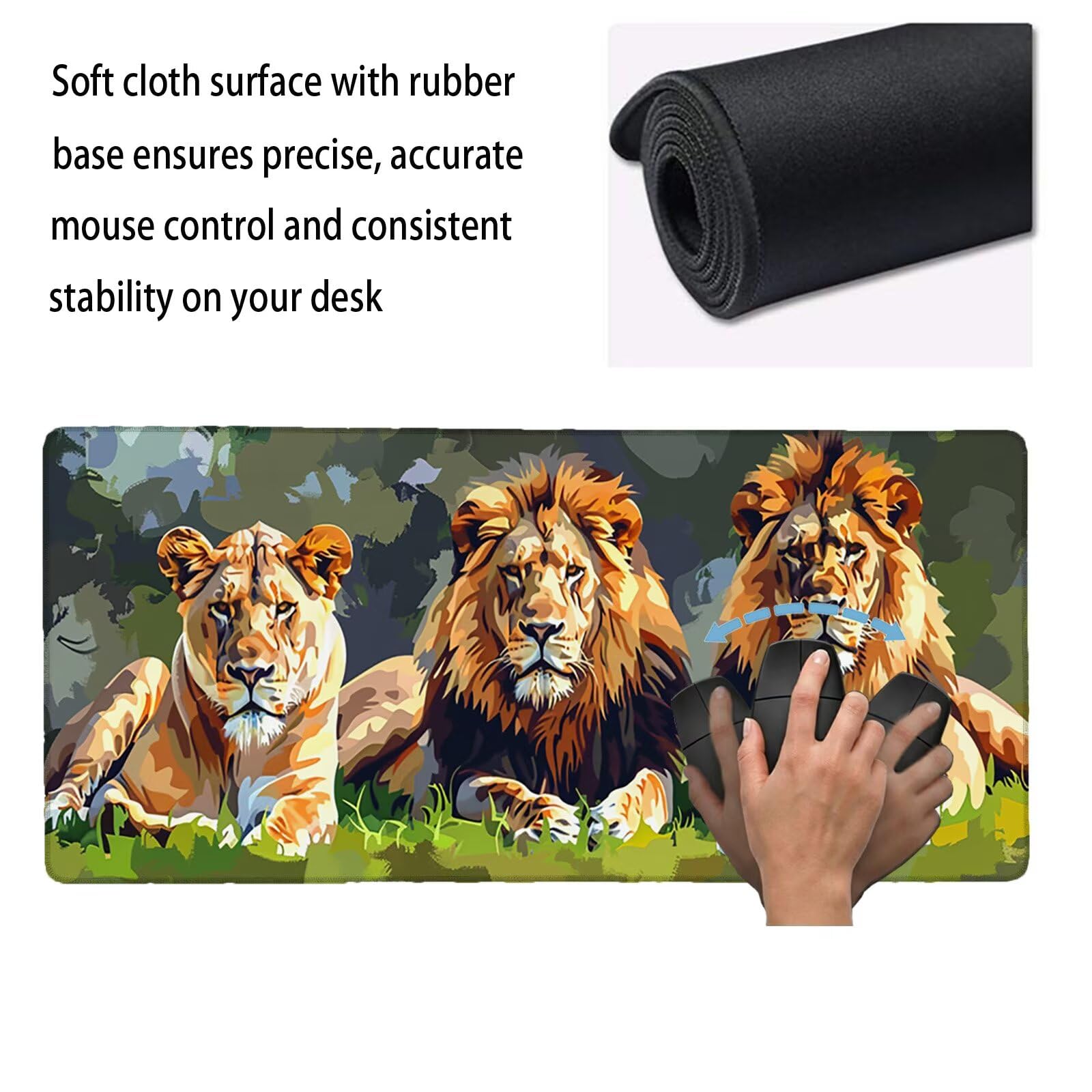 Alfombrilla Ratón XXL 1200 x 600 x 3 mm, Alfombrilla Escritorio, León Grande Protector de Mesa con Base de Goma Antideslizante y Bordes Cosidos, Impermeable, para Oficina, PC, Gaming (Animal) L-x7122