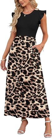 AUSELILY Damen Sommer Rundhalsausschnitt Maxi Kleid mit Taschen Kurzarm und Rüschen Lässiges Hohe Taille Langes Lockeres Bodenlanger Rock