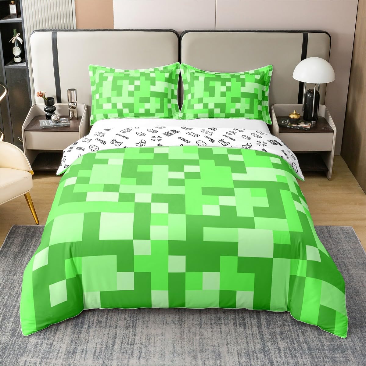 Manfei Pixelated Miners Game Duvet Cover Set Full Size 100% Cotton,Video Games Gamepad Gaming Kids Bedding Set,Modern Geometric Square Room Decor,Light Green Quilt Cover,2 Pillowcases(No Filler) image 3
