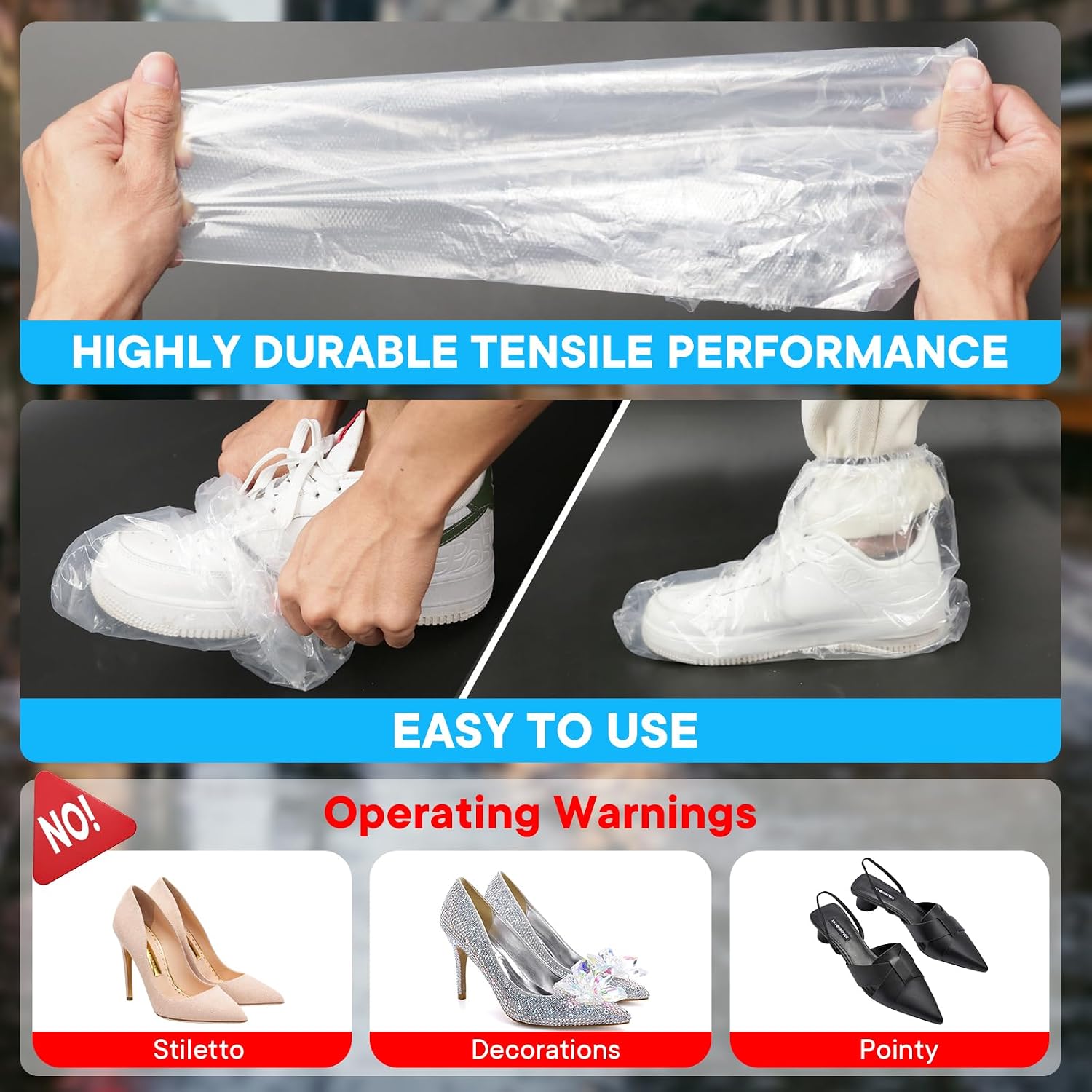 30 PCS (15 Pairs) Upgraded Shoe Covers for Rain W/Black High Elastic Wide Rubber Bands, Unisex Thickened Plastic Rain Shoe Covers, Waterproof Rain Shoe Covers Waterproof for Rain & Home Use