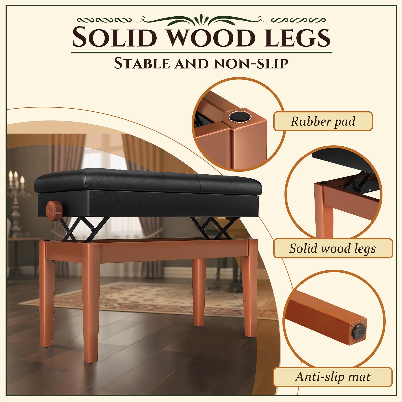 Clevich Tabouret de Piano réglable en Hauteur, Banc de Piano Double, avec Espace de Rangement, Banquette Piano avec Coussin en Cuir PU, Charge maximale : 200 kg, Couleur Bois
