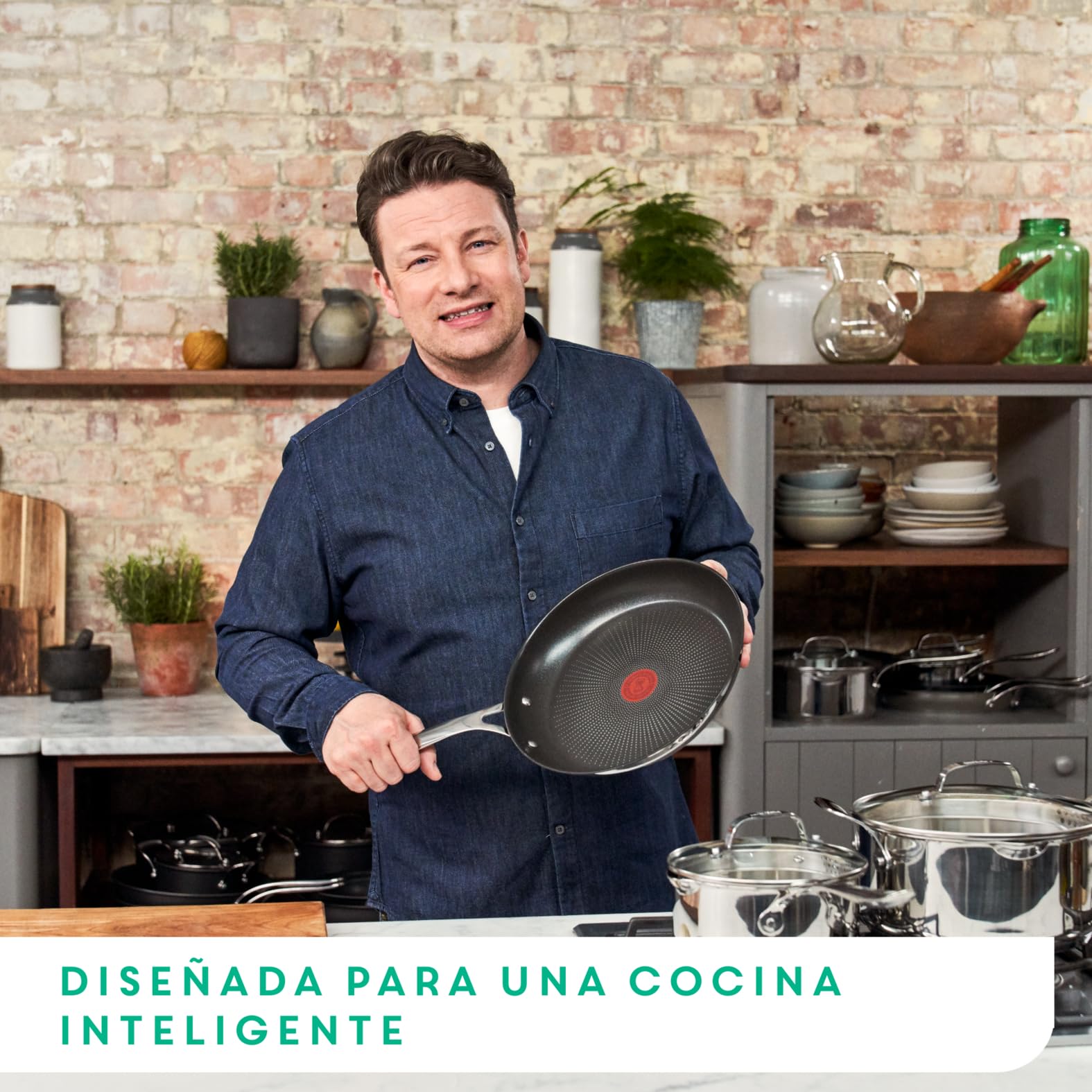 Tefal Jamie Oliver - Juego de 2 Sartenes antiadherentes 20/28 cm + 3 Cazos 16/18/20 cm + 3 Tapas, Apto inducción, Thermo-Fusion, marcas medición, apto lavavajillas y horno, acero inoxidable