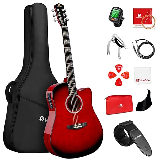 Vangoa Electric Acoustic Guitar Kit for Beginners Adults 41 inch Full Size Cutaway Electric Acoustic Guitar Bundle Set with Built-in Pickups Bag Tuner Strap Capo Picks Cable, Glossy Red