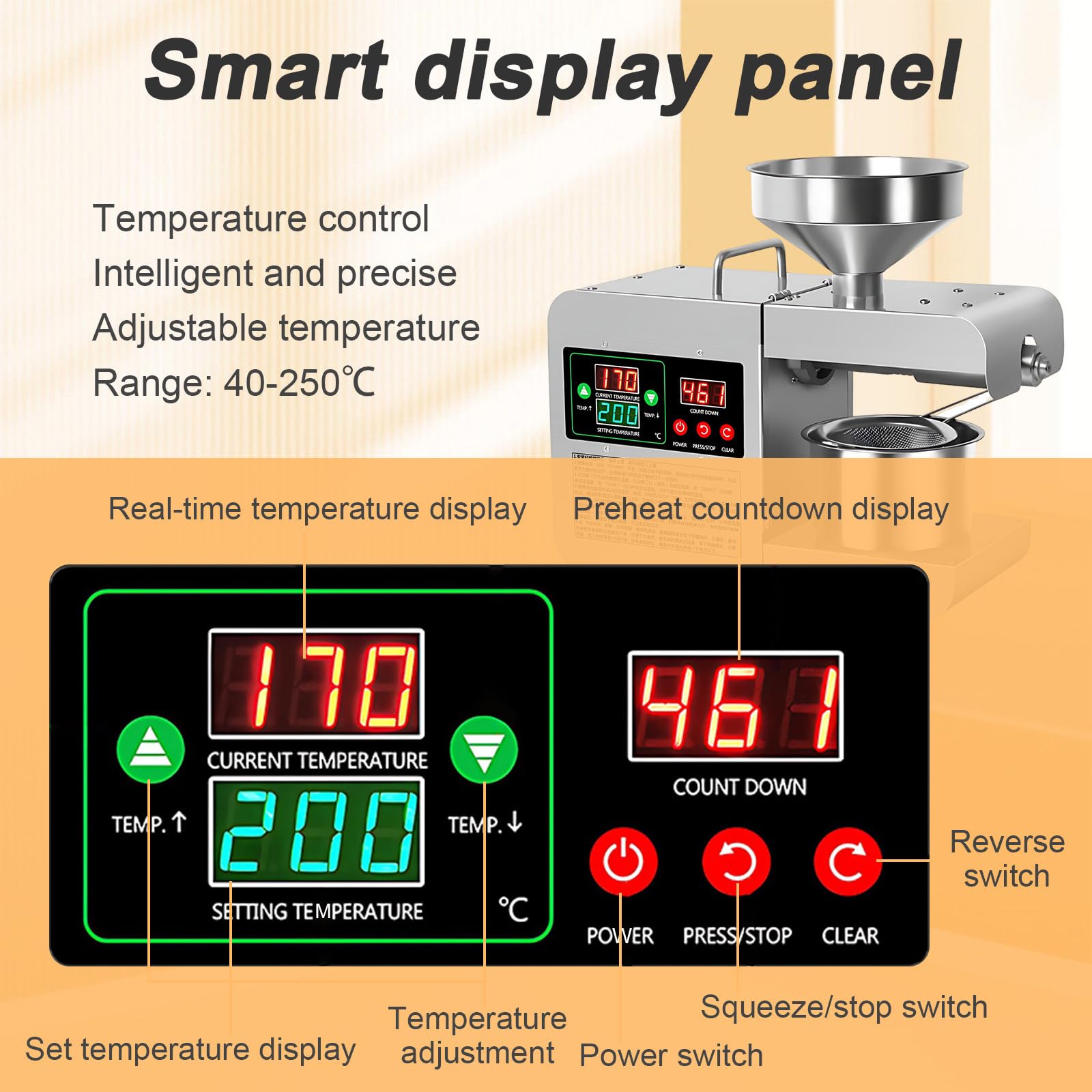 SHAHRYAR 820w Leinsamen Erdnuss Heißprsse Edelstahl Extraktor-304 Edelstahl,Förderleistung 3–6 Kg/H (6,61–13,22 Lb/H),Heiß- Und Kalt-Doppeldruckmodus-Für Erdnüsse, Sojabohnen