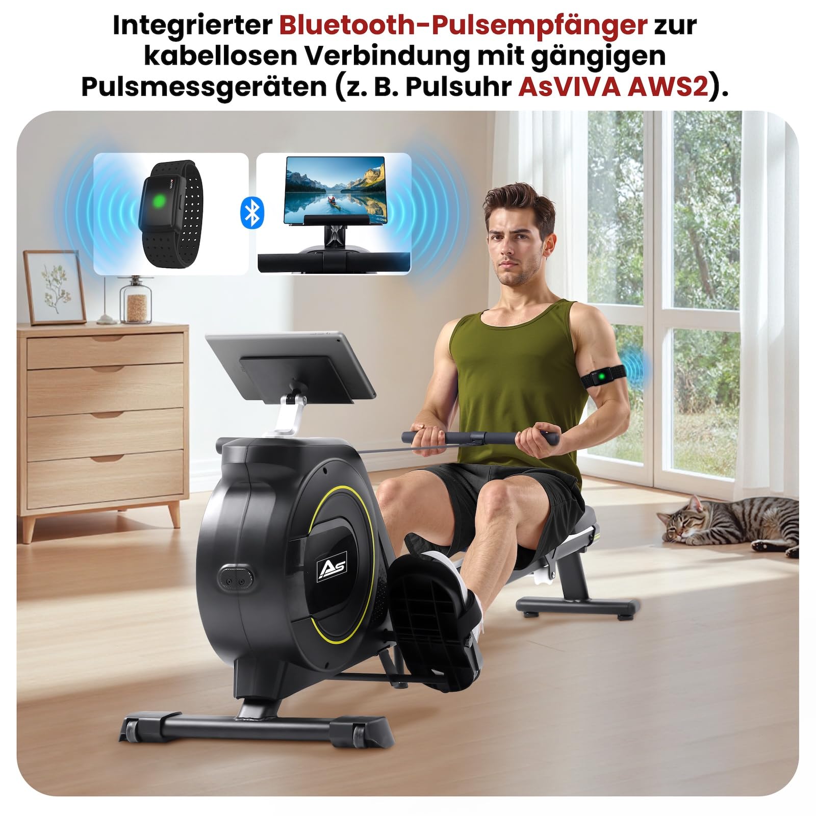 AsVIVA RA11 wioślarz domowy, 16 poziomów oporu, aplikacja Bluetooth, nachylenie szyny, do 135 kg