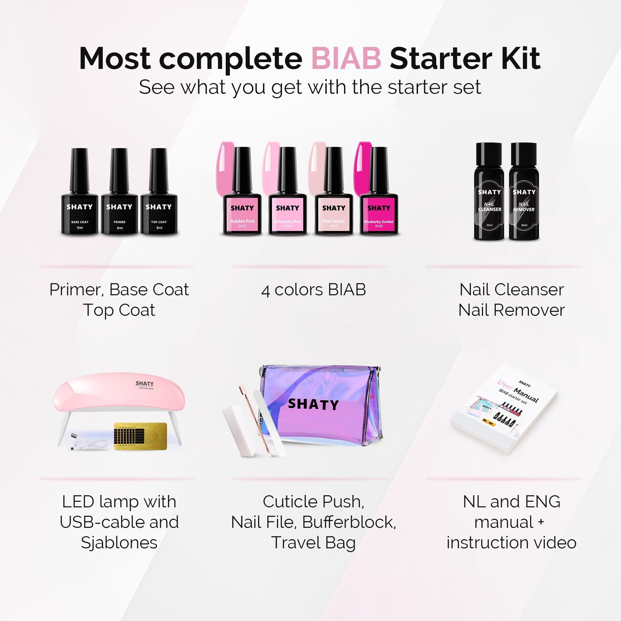 SHATY® BIAB zestaw startowy – Pink Shawty – Builder In A Bottle – BIAB lakier do paznokci – zestaw BIAB – zmywacz do paznokci, lampa 36 W i wideo z instruktiami