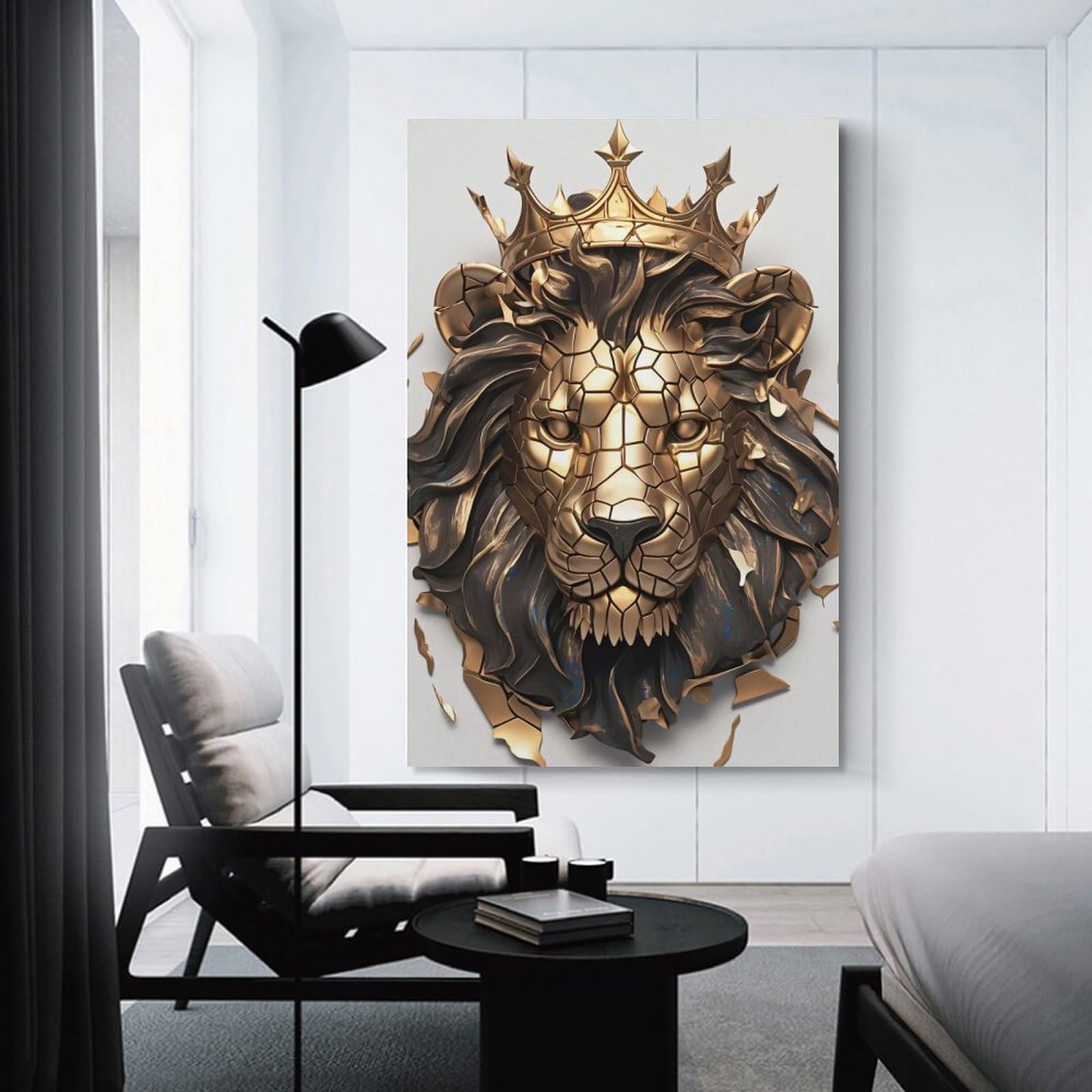 Junmoney Golden Lion Head with Crown Wall Decor Canvas Print 16x24inch(40x60cm), for Lounge, Study, Hallway Or Flat Walls, Decorative Artwork with Broad Appeal