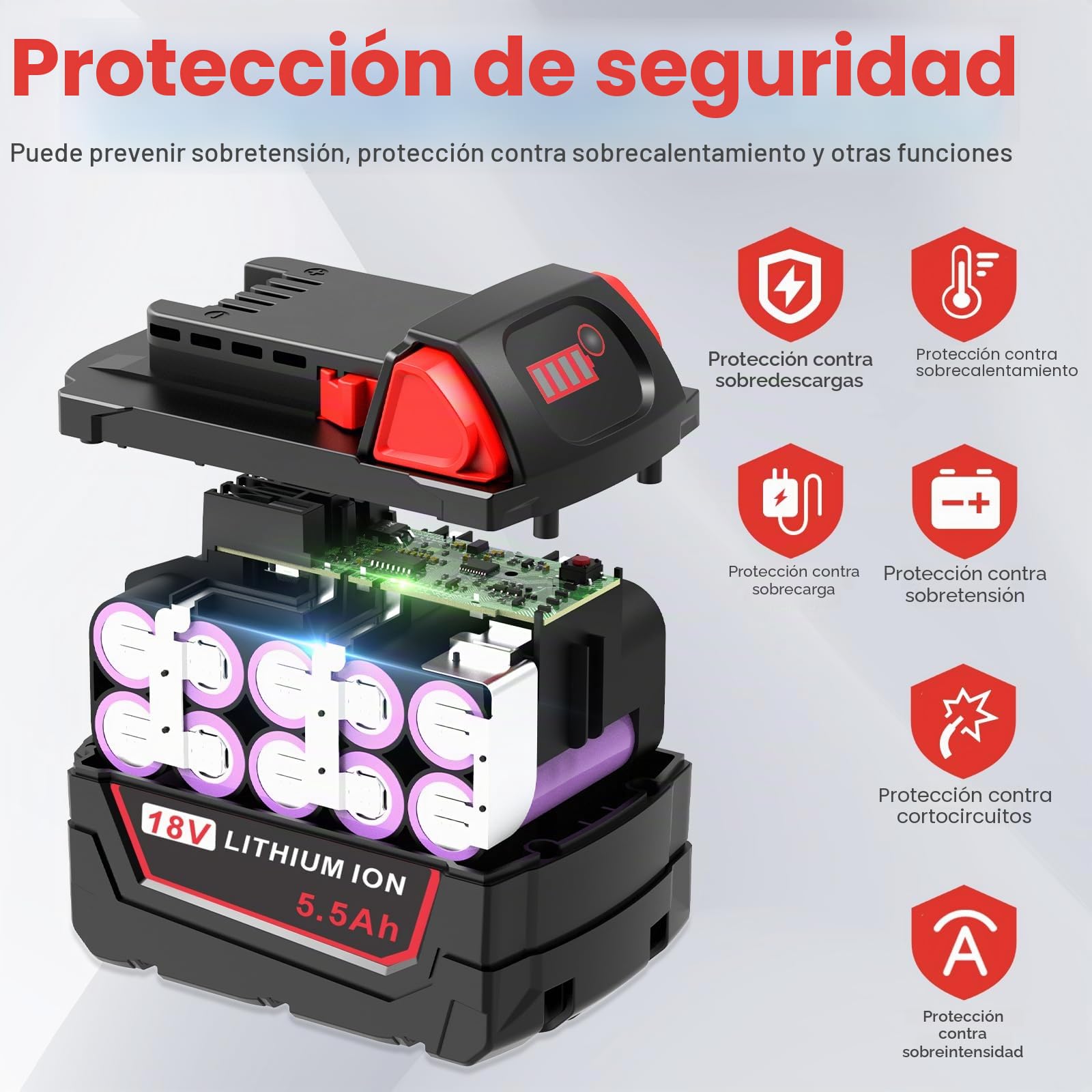 2 baterías de 18 V 5,5 Ah para Milwaukee, batería de ion de litio de repuesto para Milwaukee M18 Batería compatible con Milwaukee M18B XC 48-11-1815 48-11-1820 48-11-1850 2601 2610 2611 2620