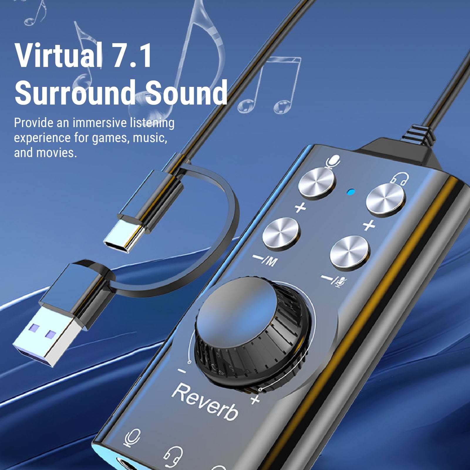 PUSOKEI Adaptateur de Prise Audio USB/USB C à 3,5 Mm, Carte Son Stéréo Externe avec Contrôle de Volume, Son Surround Virtuel 7.1, Bluetooth 5.0, Bouche et Jeu