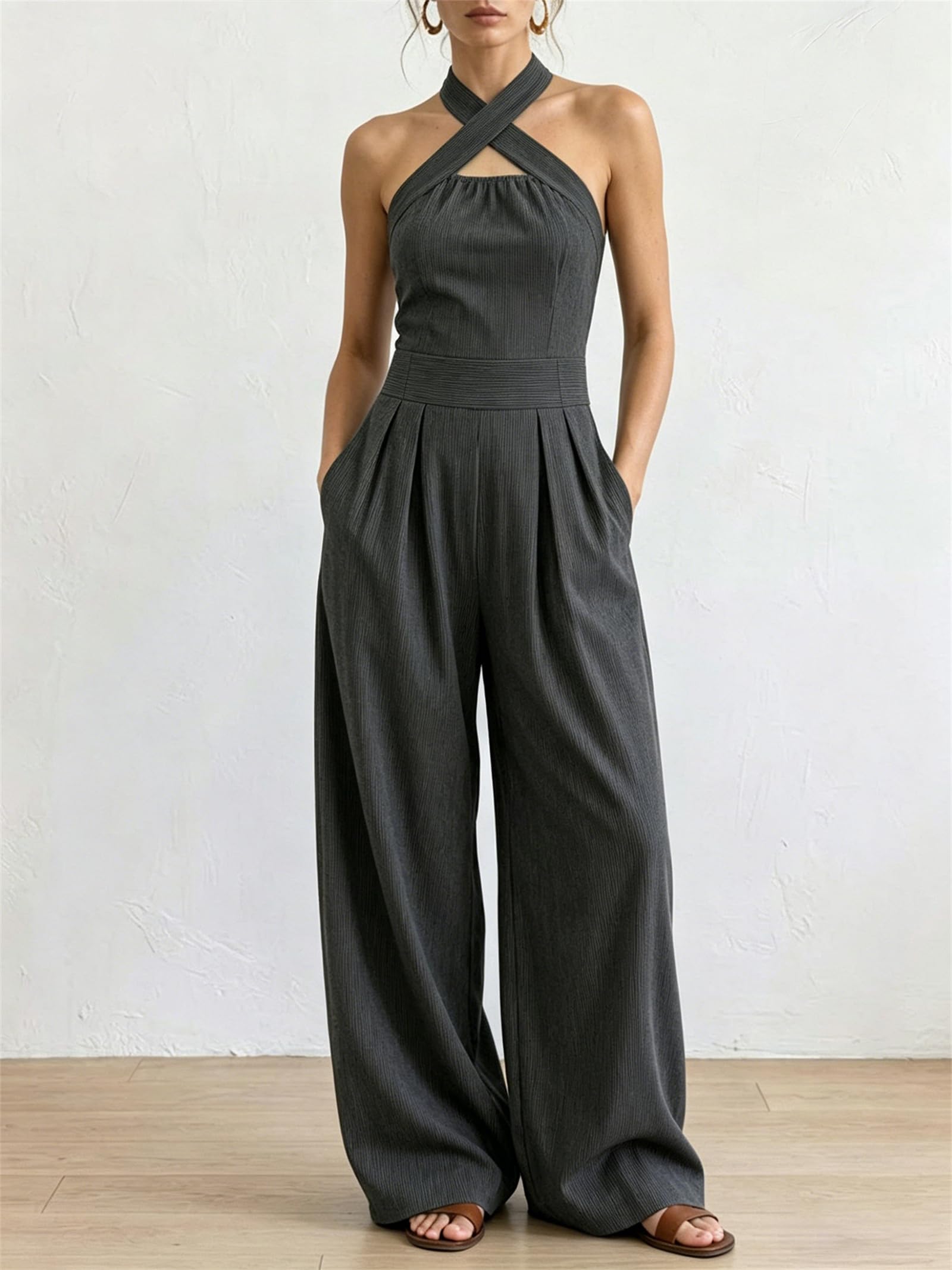 Générique Combinaison pantalon sans manches à jambes larges et poches, col halter croisé, en mélange coton et lin, tenue décontractée une pièce