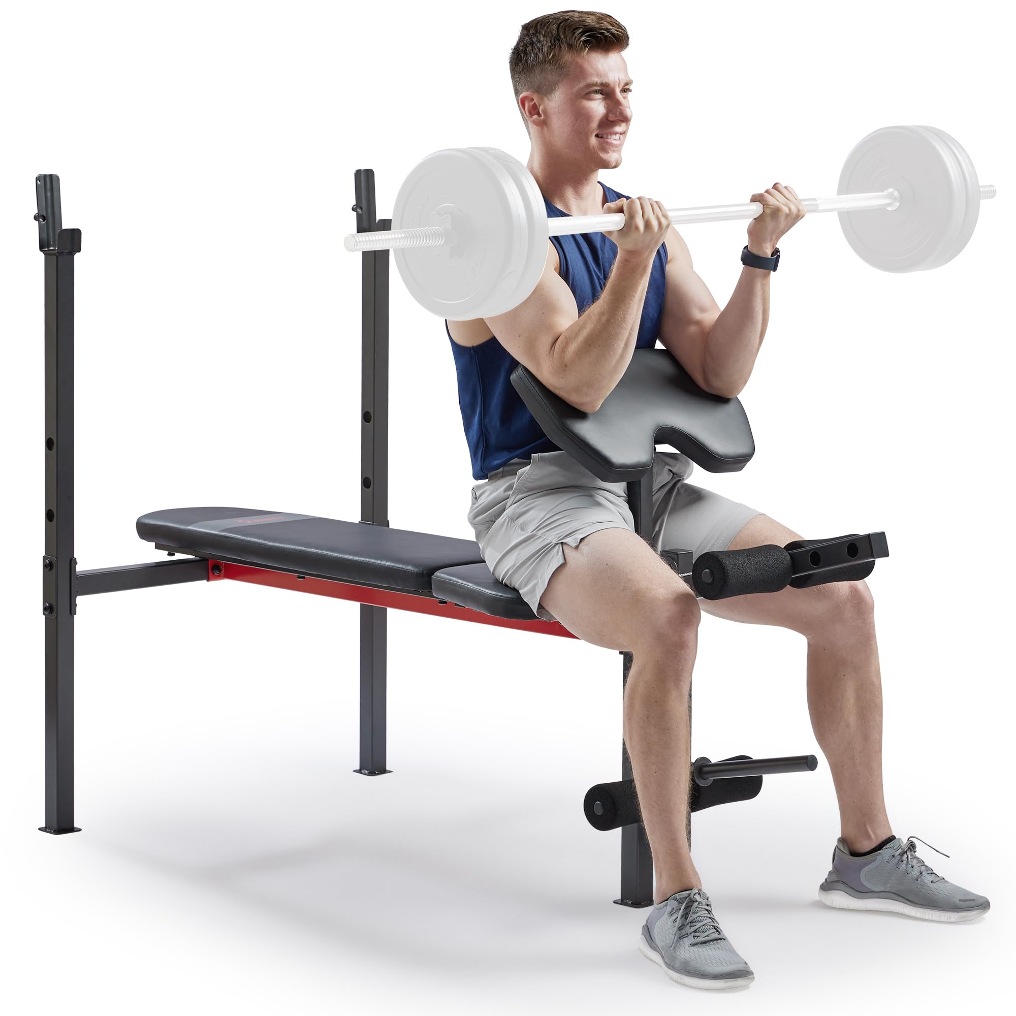 Sunny Health & Fitness Compact Premium Incline Bench Press Bar Rack Set & Optional Leg Extension Developer, Preacher Curl for Solid Strength Training Home Gym