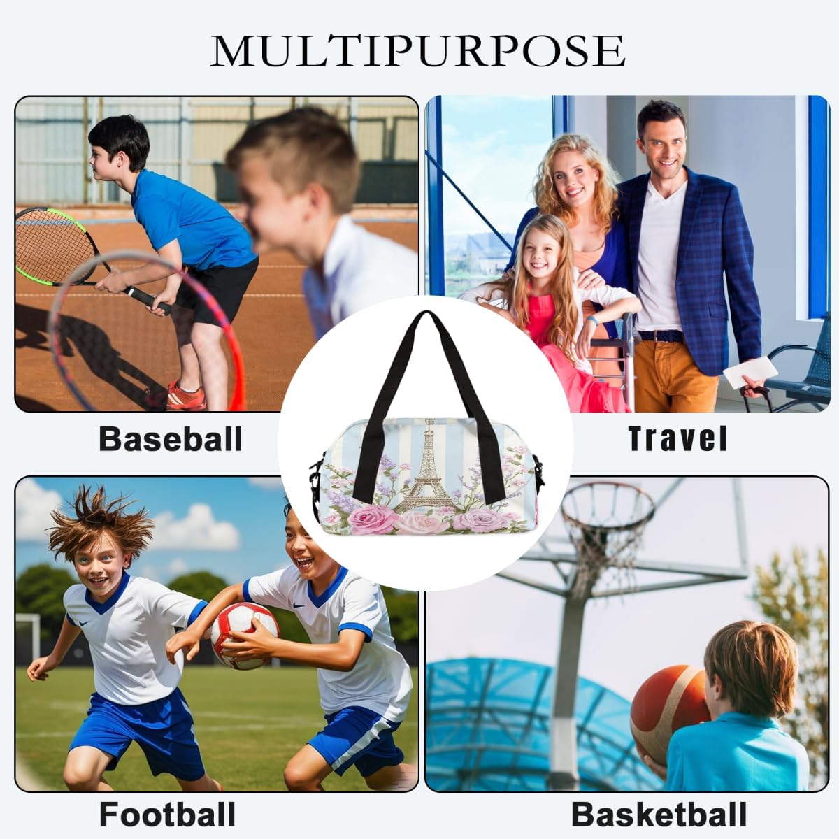 Kids Travel Duffle Bag Weekender Overnight Bag Gym Tote for Boy Girls Carry On Workout Duffel Bag(Watercolor Flowers Eiffel Tower Stripes)