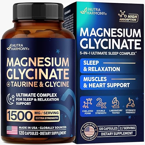 Glicinato de magnesio  Apoyo para el sueño y la relajación  Glicinato extra fuerte, glicina y taurina 1500 mg  Suplemento de magnesio para mujeres y