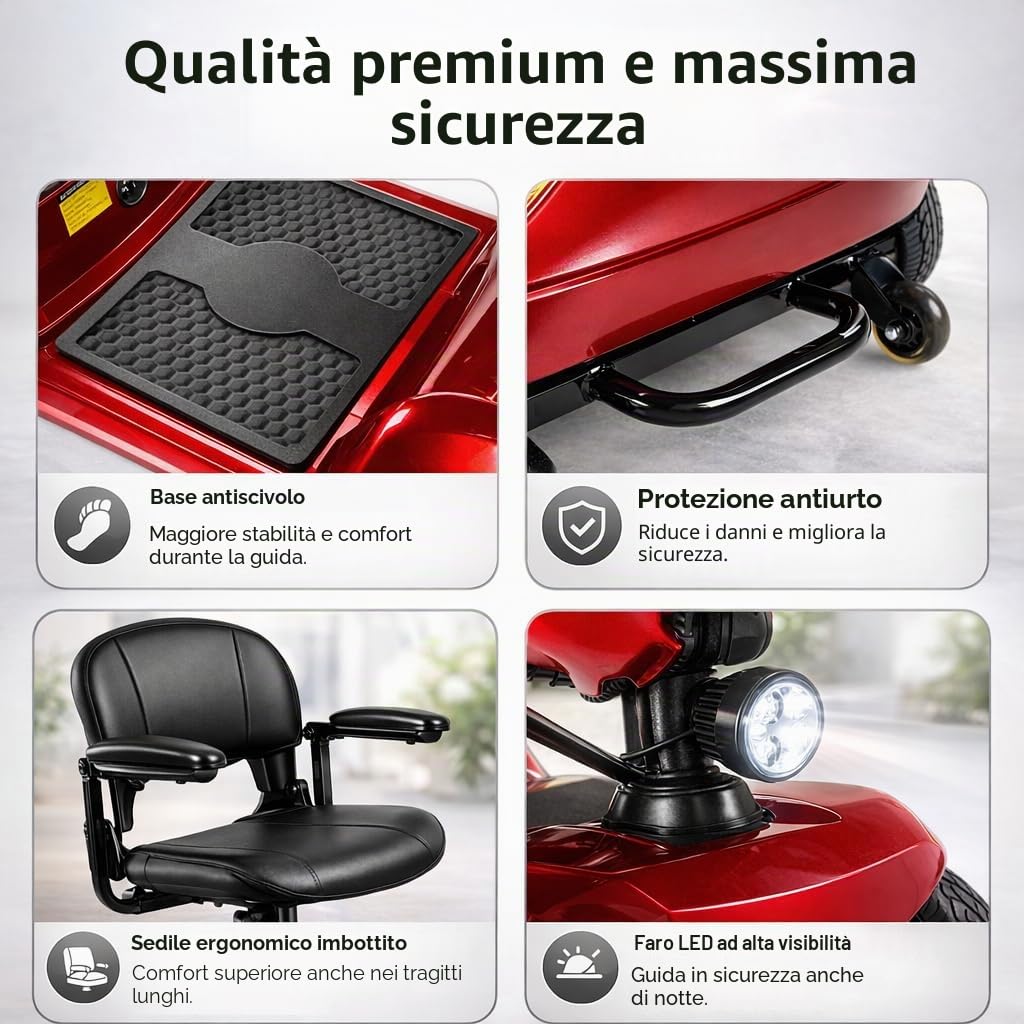 Mobility Scooter Elettrico per Disabili e Anziani di Pieghevole e Leggero, 3S Piegatura Rapida per Mobilità,Pneumatici Antiforatura per Persone con Mobilità Ridotta Sedia a Rotelle (Rosso)