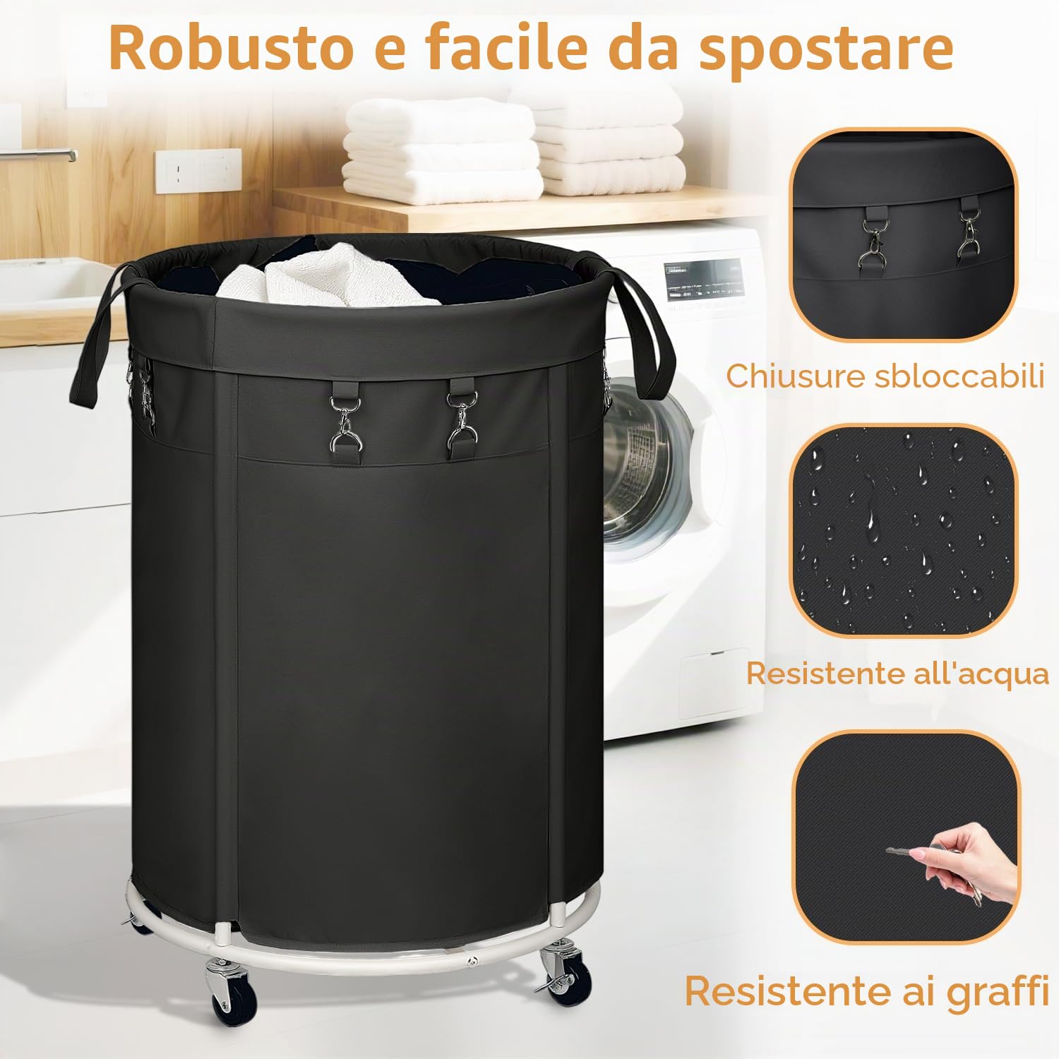 150L Grande Cesto Biancheria Sporca con Ruote, Cesto Portabiancheria per Telaio Metallico e Borsa Oxford Impermeabile Cesta Panni Sporchi per Camera da Letto, Bagno, Lavanderia, Nero