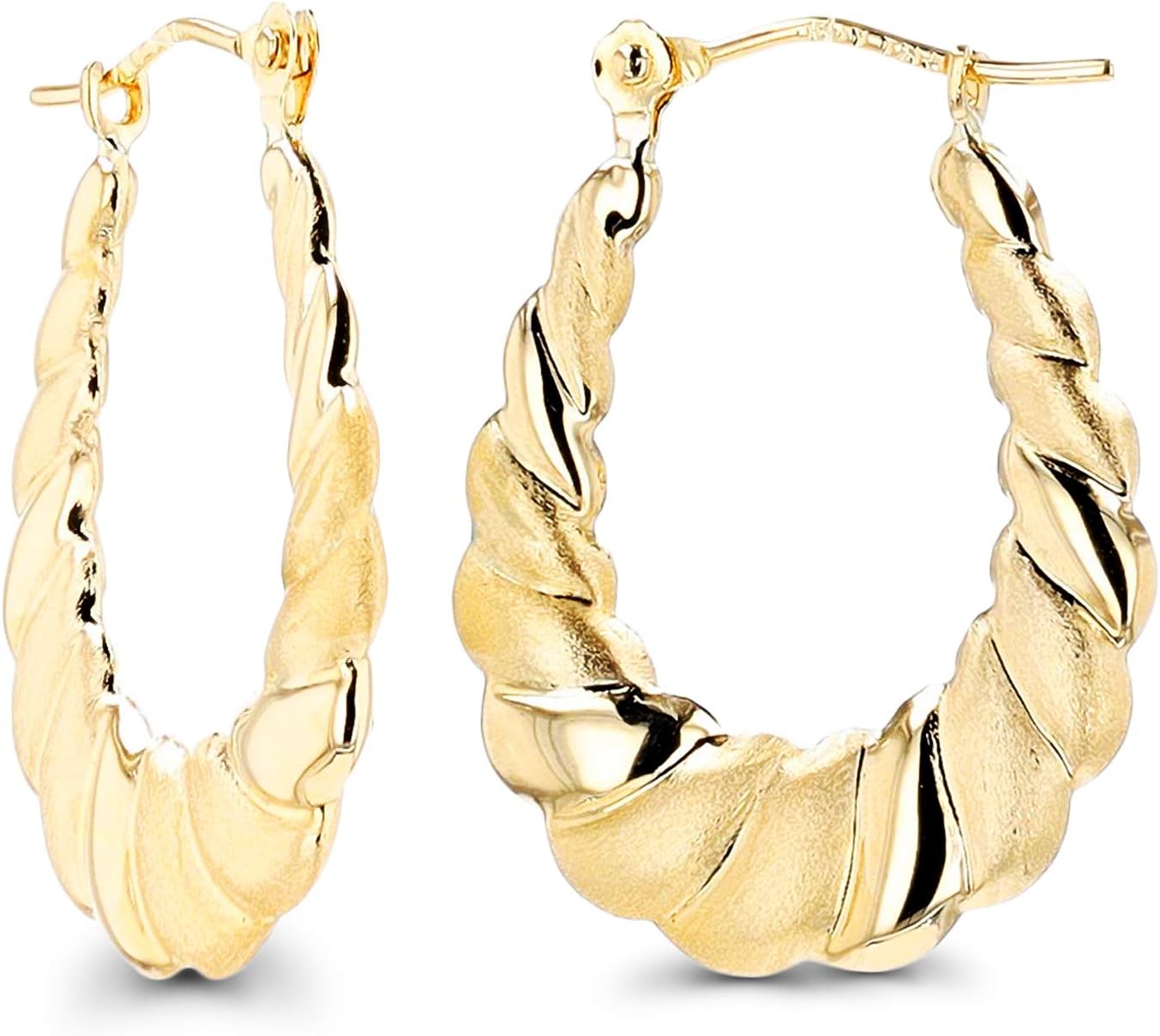 14K Gold Polished & Textured Twisted Shrimp Hoop Earrings For Women | 2x21mm Hoops | Earrings For Sensitive Ears | Solid Gold Earrings For Women