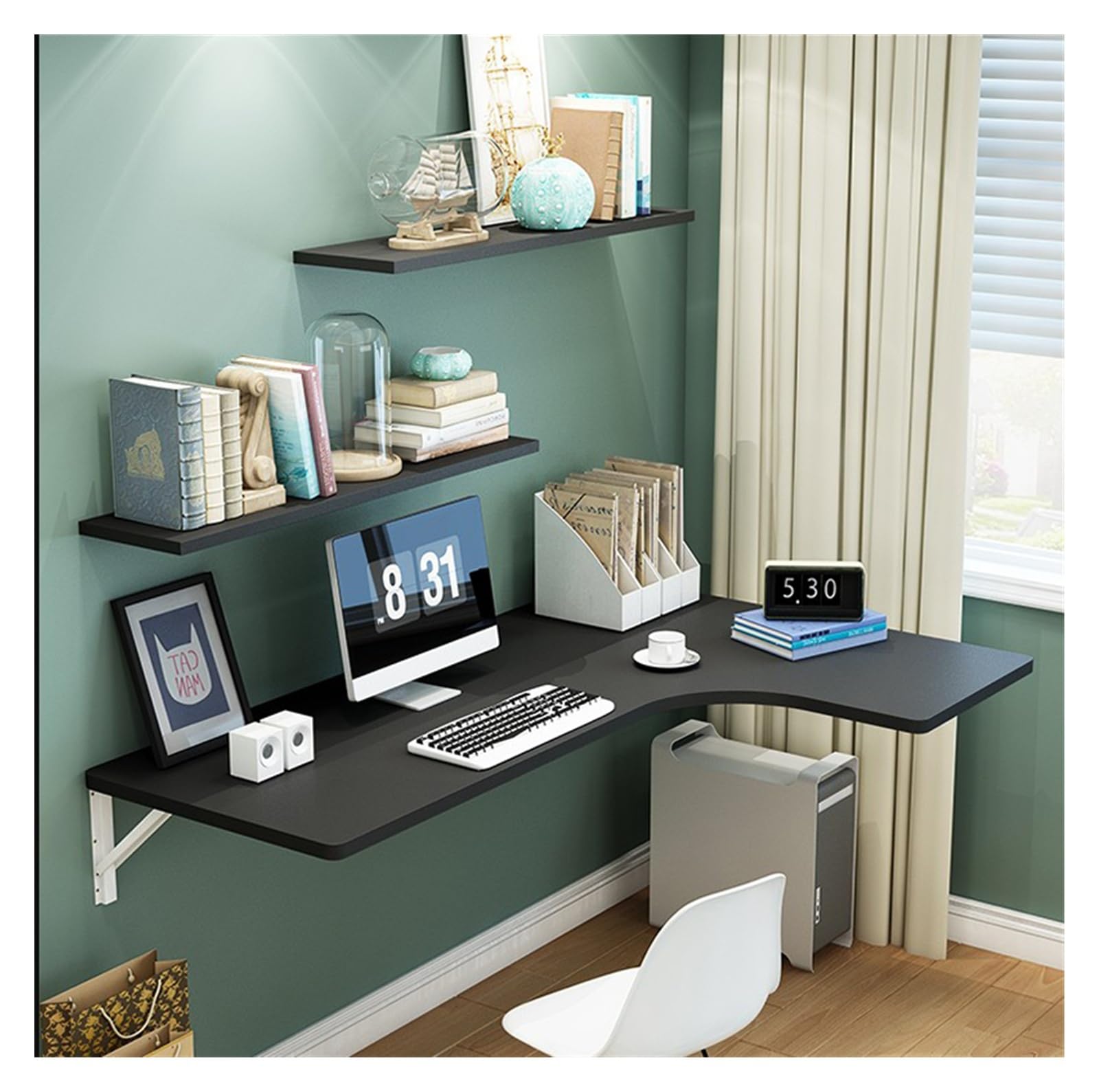 Bureau mural pour ordinateur portable bois noir meuble pliant compact