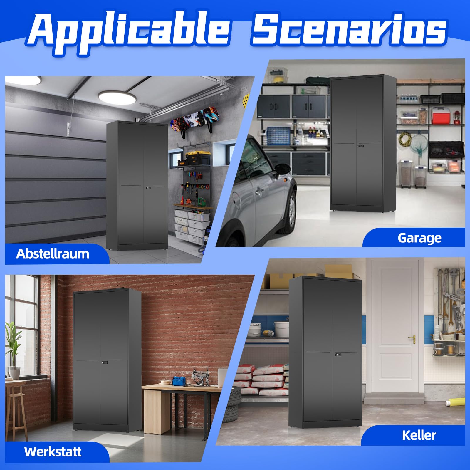 Metallschrank, Werkzeugschrank, Aktenschrank Abschließbar, Mehrzweckschrank mit Kombinationsschloss, Verstellbare Regale, Garage,Büro, Wohnzimmer, 180cm x 80cm x 40 cm, Schwarz