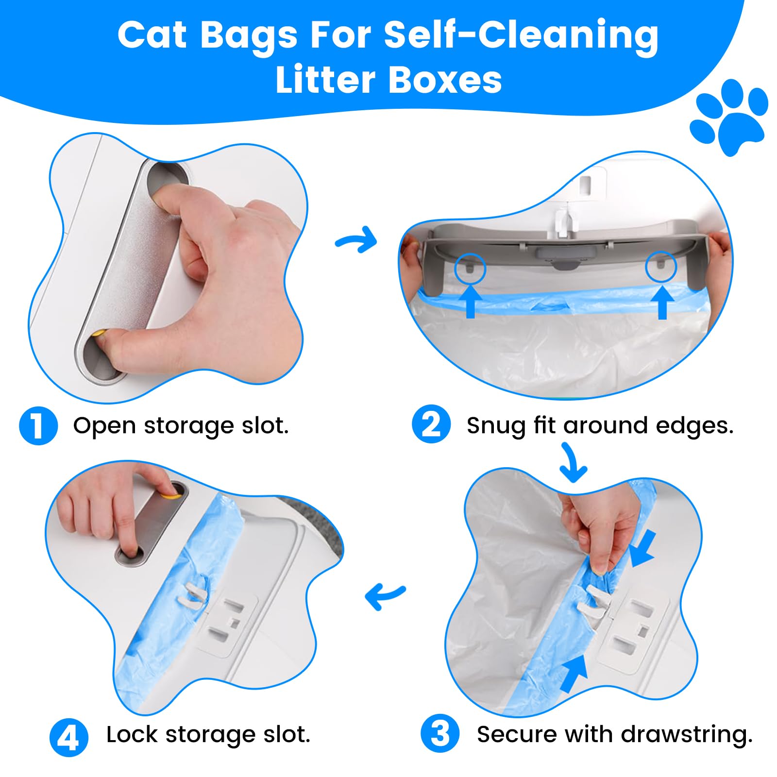 60 bolsas de arena para gatos, bolsas de receptáculos con cordón compatibles con Meo. Caja de arena para gatos autolimpiable MW-SC01 MW-SC02 MW-LR01, sin desgarros, a prueba de fugas, 18 x 12.6