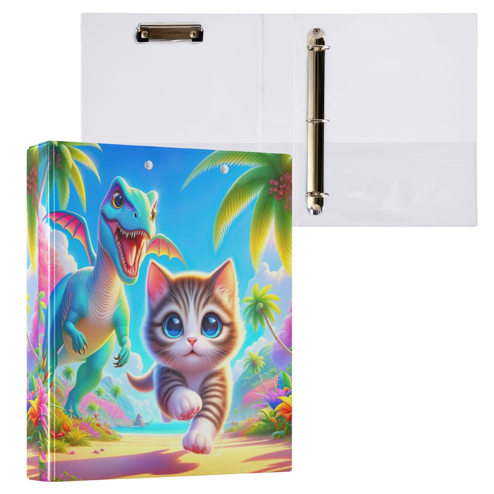 Lot de 2 classeurs décoratifs à 3 anneaux en forme de chat dinosaure mignon de 3,8 cm avec poches, pour l'école, l'université ou le bureau