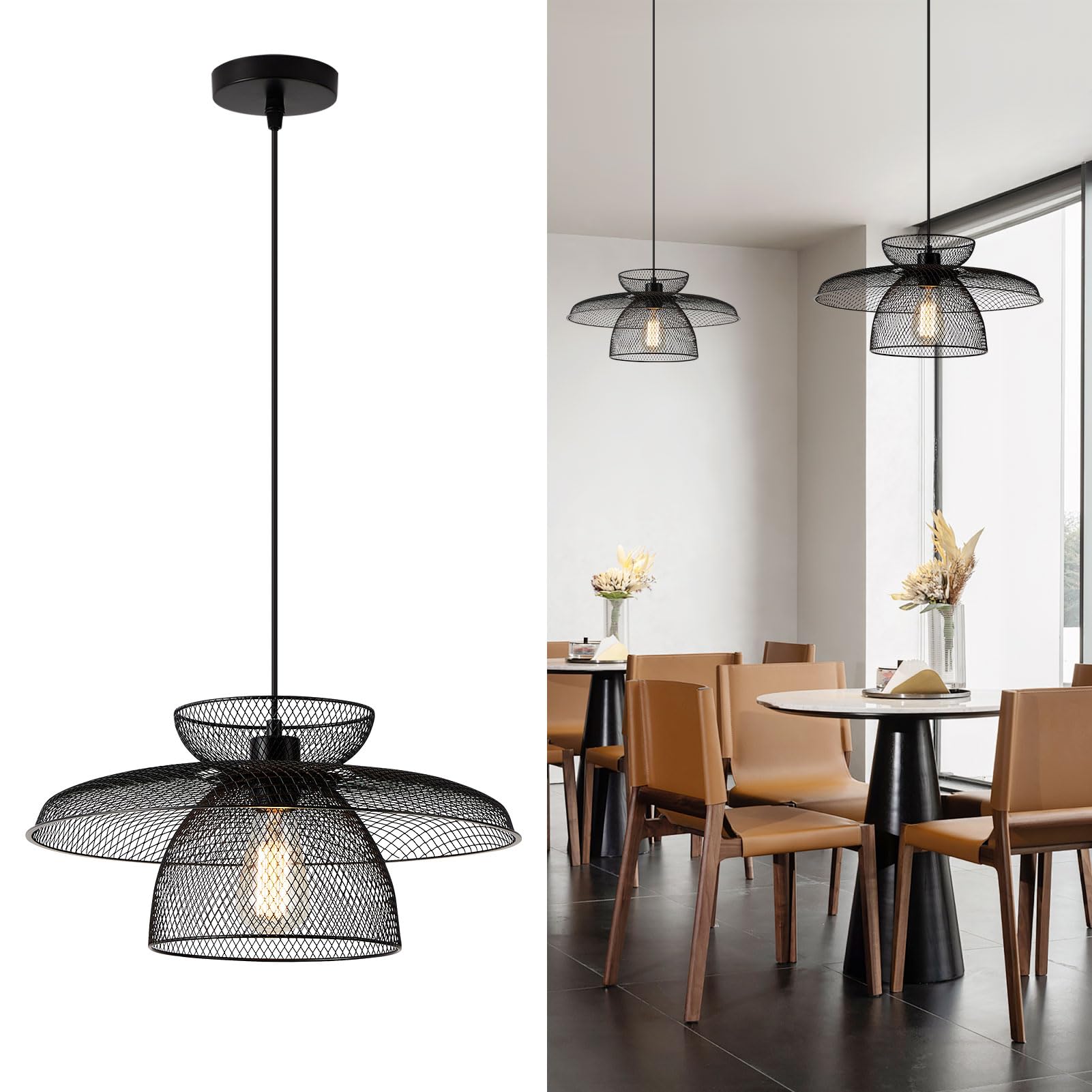 Harper Living Black Metal Mesh Pendant Ceiling Light - Industrial Hanging Light Fixture - Adjustable 135cm Flex