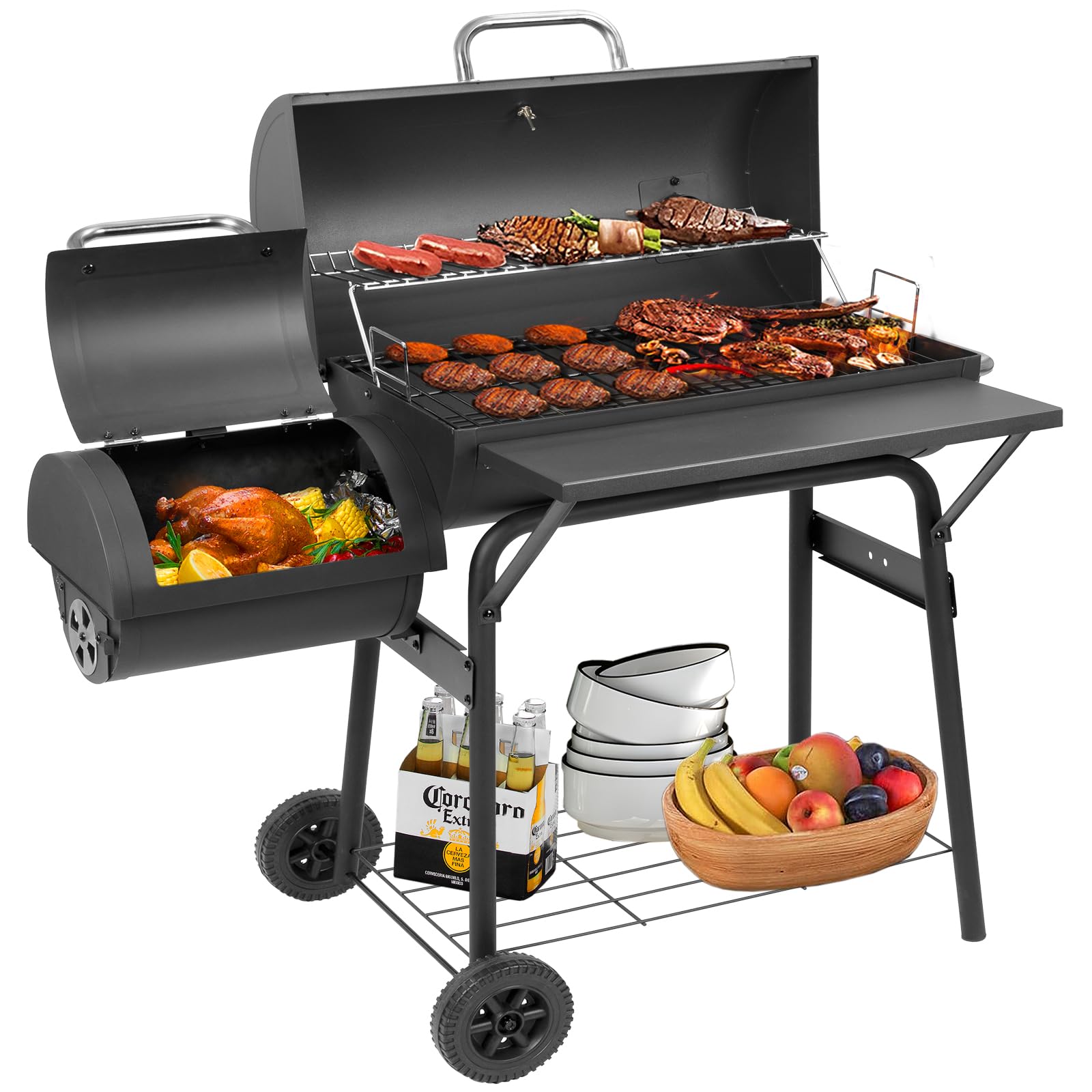 Charcoal bbq with Side Shelf and Offset Smoker, Oil Drum Barbecue Barrel Outdoor BBQ Grill, Ideal for Backyard, Patio, Camping & Picnics
