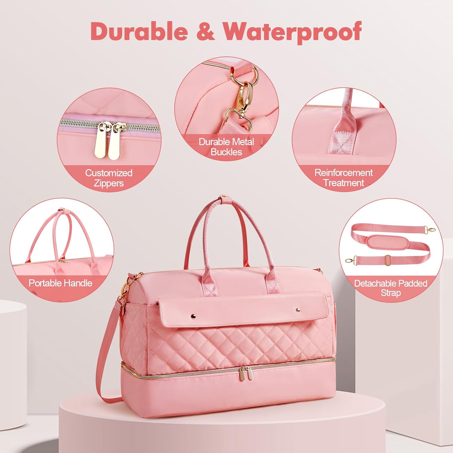 Wedama Travel Duffel Bag, Large Weekender Bag for Women with Shoe Compartment, Carry on Overnight Bag with Toiletry Makeup Bag, Gym Duffel Bag Travel Tote Bag for Travel Gym Camping Hospital, Pink - Image 7