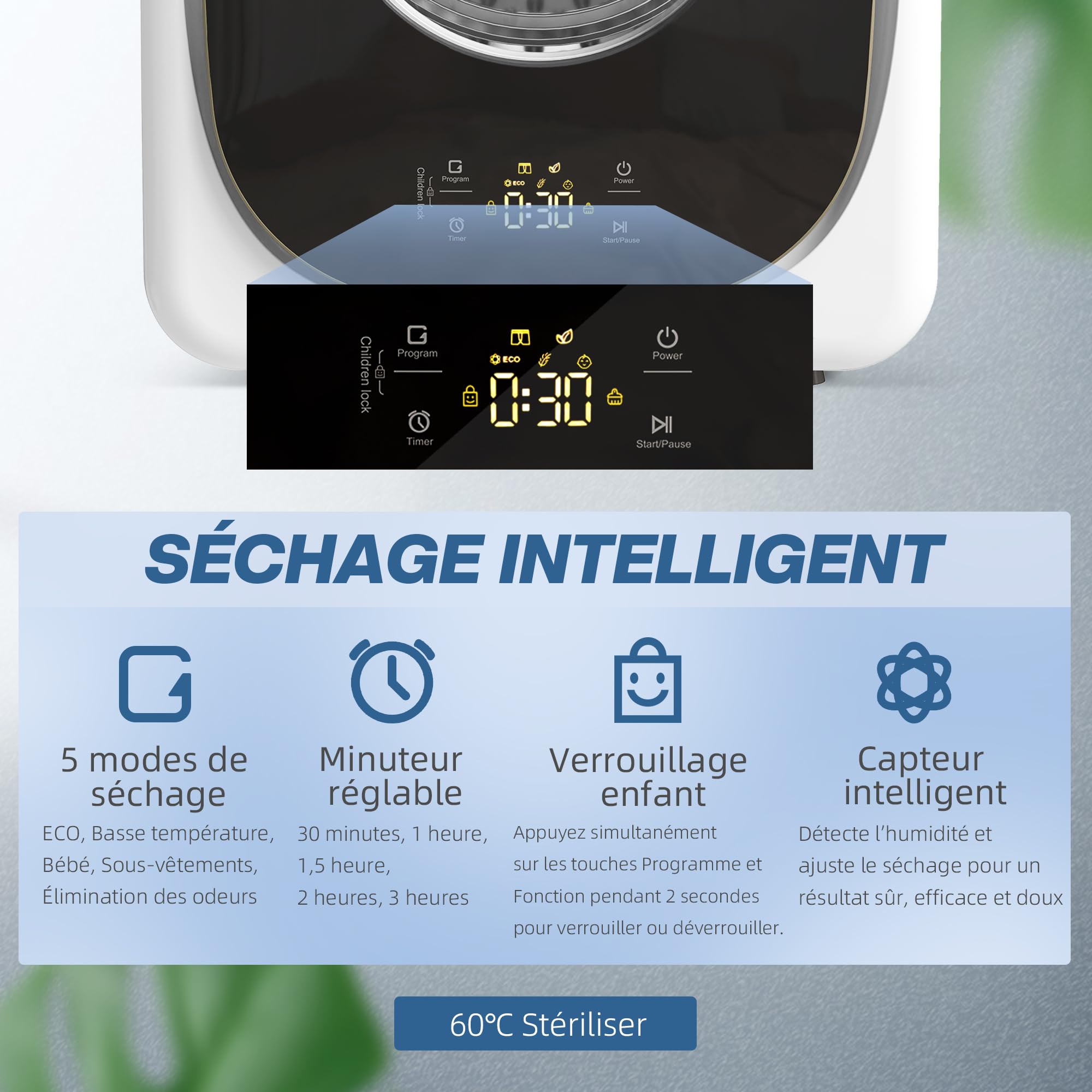 HOMCOM Sèche-linge à évacuation portable 4 Kg 800 W compact 5 modes de séchage capteur intelligent minuterie tambour réversible acier inoxydable blanc