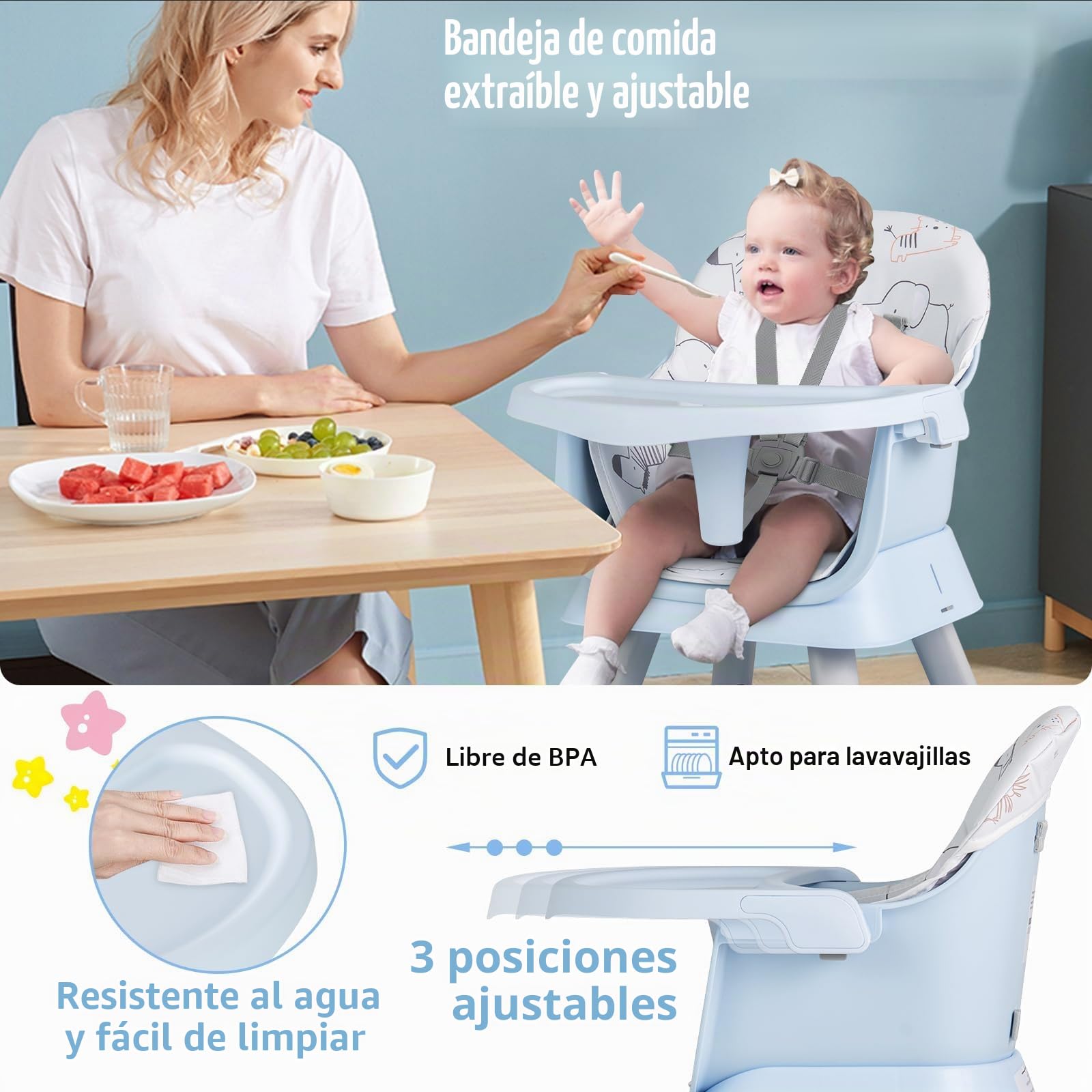 LIFEZEAL Trona para Niños de Polipropileno, Capacidad de Carga de 25 kg, Silla para Niños con Bandeja y Funda de Tela Extraíble, Trona Combinada con Cinturón de Seguridad, 7-36 Meses (Azul)