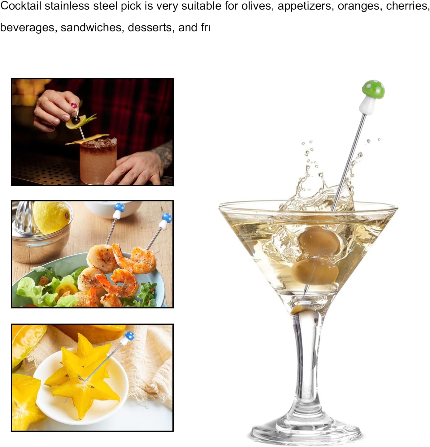 Cocktail Picks for Drinks, Mushroom Glass Decoration Martini Cocktail Picks, Stainless Steel Cocktail Toothpicks, Reusable Martini Picks for Eating Fruits Salads Snacks Cakes Desserts Sushi 12 Pcs