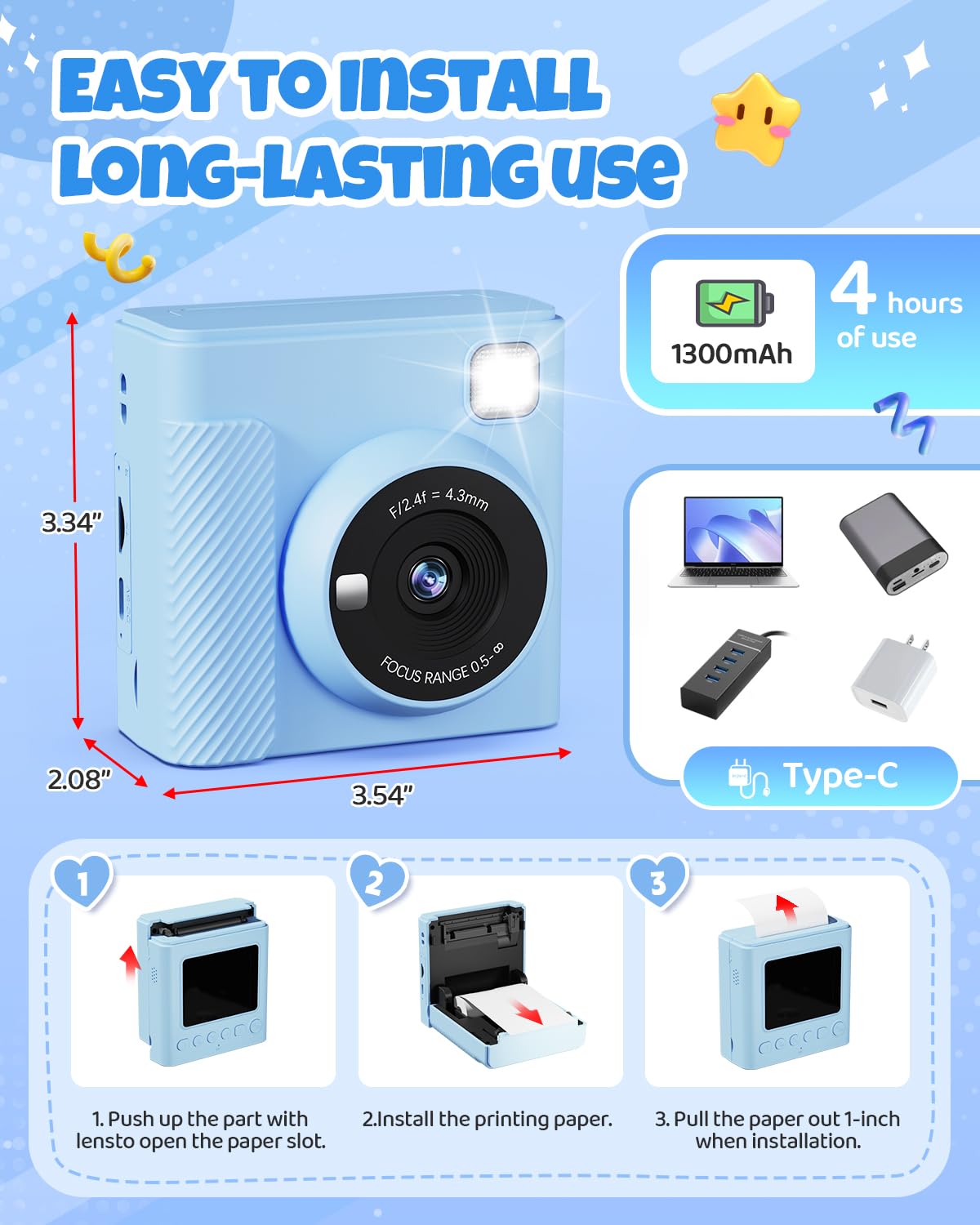 TIATUA aparat błyskawiczny dla dzieci, 2.4'' Aparat Natychmiastowy dla Dzieci z Kartą 32 GB & Papierem do Drukowania, 1080P Cyfrowa Kamera Zabawka, Prezenty na Święta i Urodziny dla Chłopców 3-12 Lat