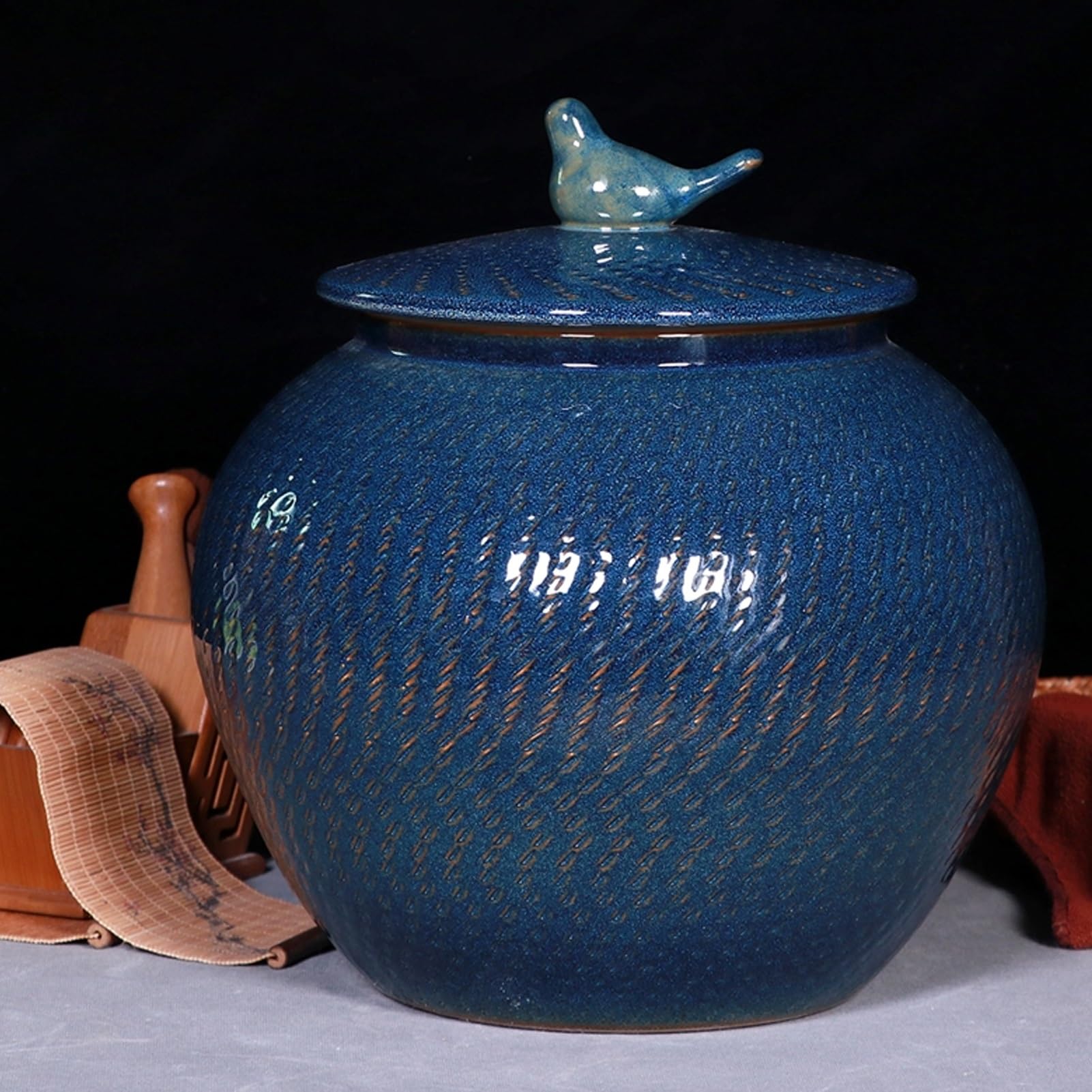 Pot de rangement de comptoir en céramique pour farine de riz et céréales de soja 15kg Blue-A