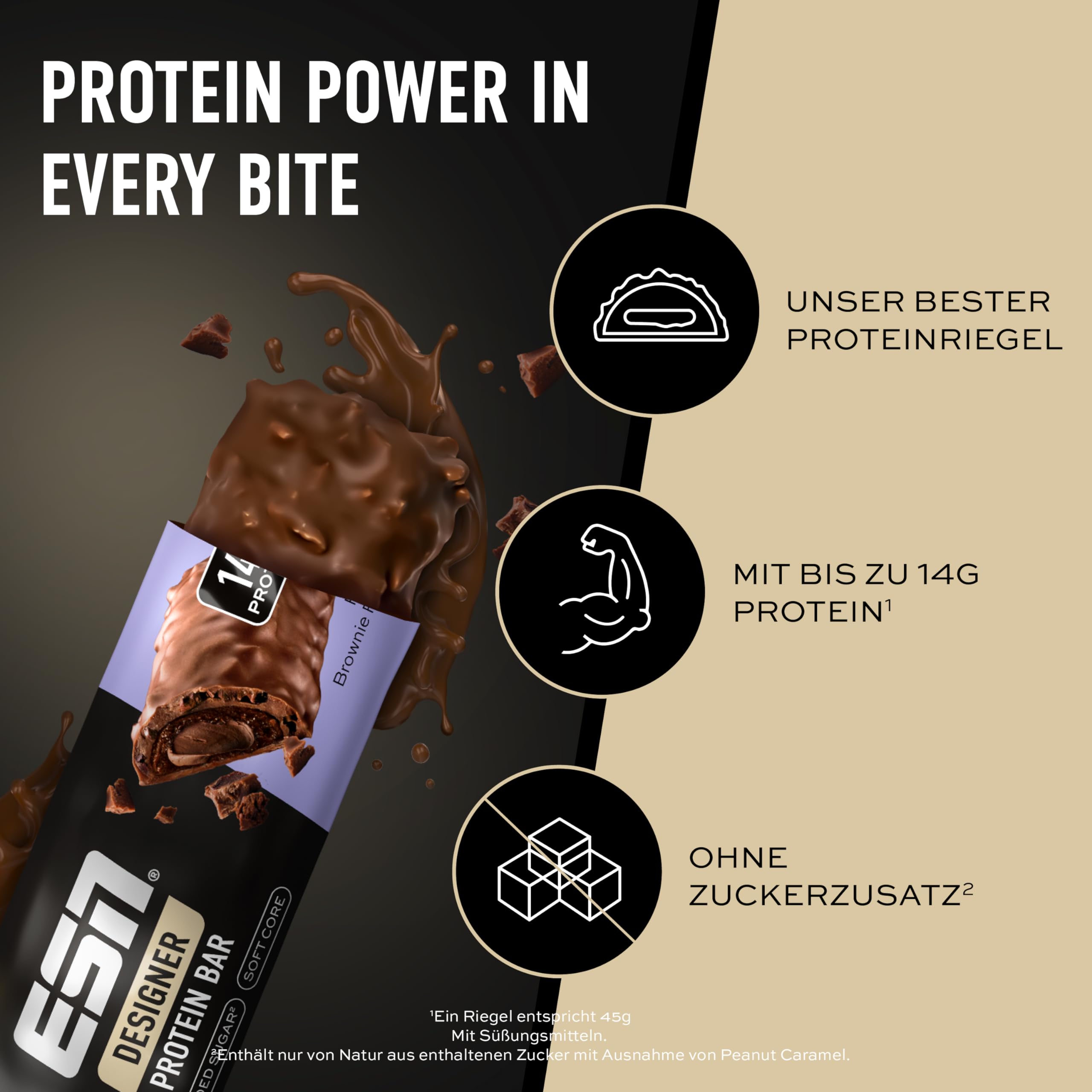 ESN Designer Bar Box, Fudge Brownie, 12 x 45 g, der ideale Snack mit bis zu 14 g Protein pro Riegel - made in Germany